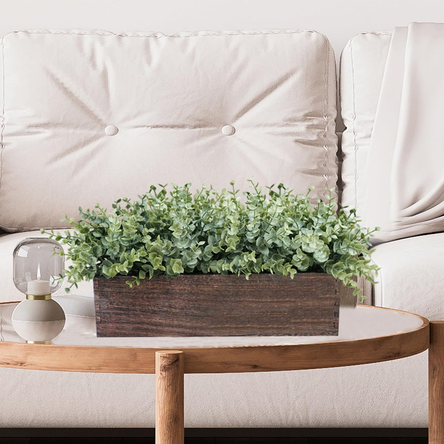 Winlyn 14" Artificial Eucalyptus in Rectangular Wood Planter Box Faux Plants Arrangement Centerpiece Wooden Potted Eucalyptus Plant for Farmhouse Wedding Dining Table Centerpiece Greenery Mantel Décor