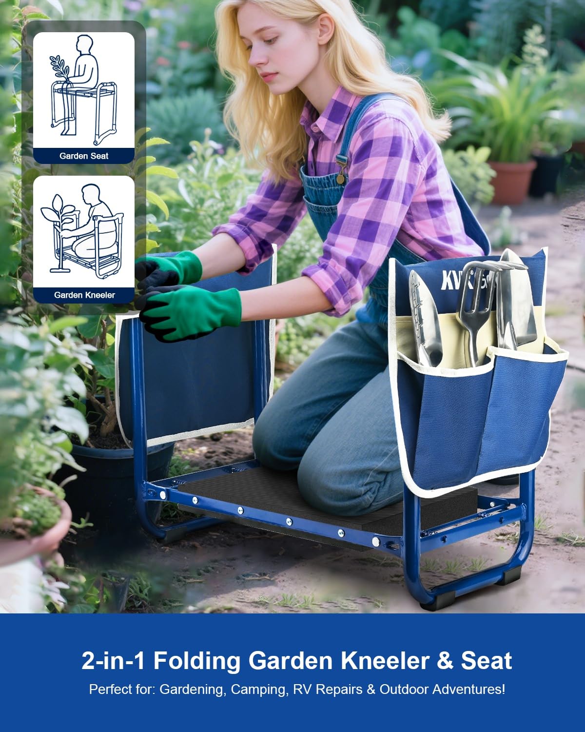KVR Garden Kneeler and Seat Set 7-Piece Upgraded - Heavy Duty Foldable Bench & Stool with 3 Aluminum Tools, 2 Non-Slip Pouches & Tote Bag - Gardening Chair Gifts for Seniors, Women, Mom