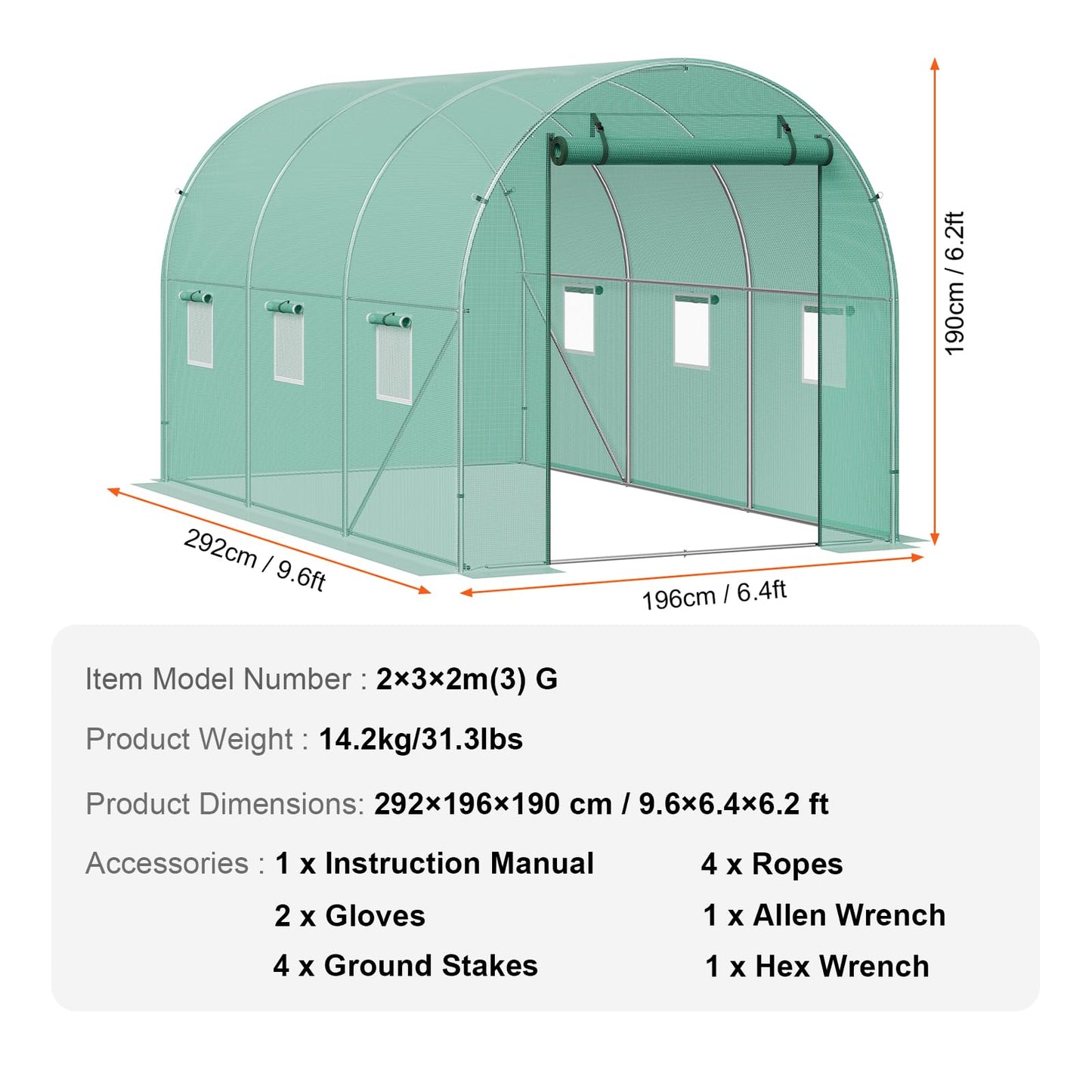 VEVOR Walk-in Tunnel Greenhouse, 9.6x6.4x6.2 ft Hoop House Greenhouse Tunnel, Plant Hot House with Galvanized Steel Frame, Green PE Cover, Roll-up Zipper Door and 6 Windows for Outdoor