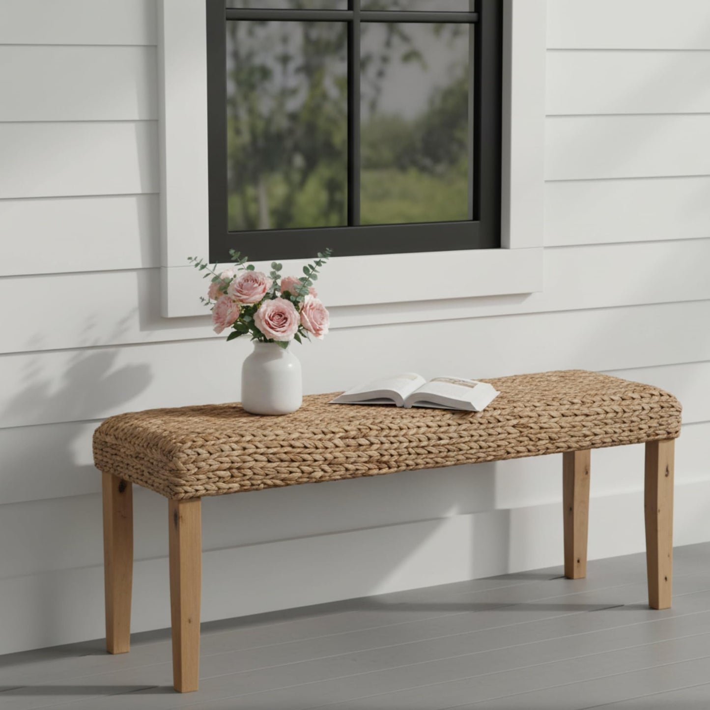 Solid Wood Acacia Indoor Bench with Natural Woven Seat, 47 Inch Wood Bench for Living Room or Entryway Benc, Bedroom End of Bed Bench or Dining Benches, Window Bench (Fishbone, Water Hyacinth)