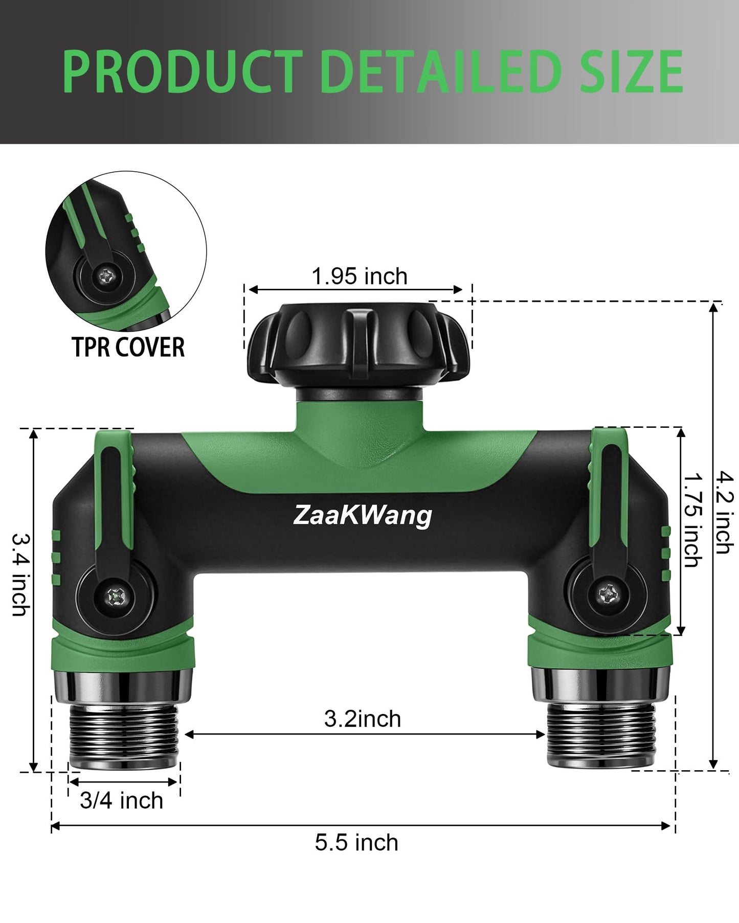 ZaakWang Garden Hose Splitter 2 Way, Heavy Duty Water Hose Spigot Bib Splitter, Outdoor Faucet Splitter with Shutoff Valve, T Adapter Connector with 3/4 - Inch GHT Thread (Green)