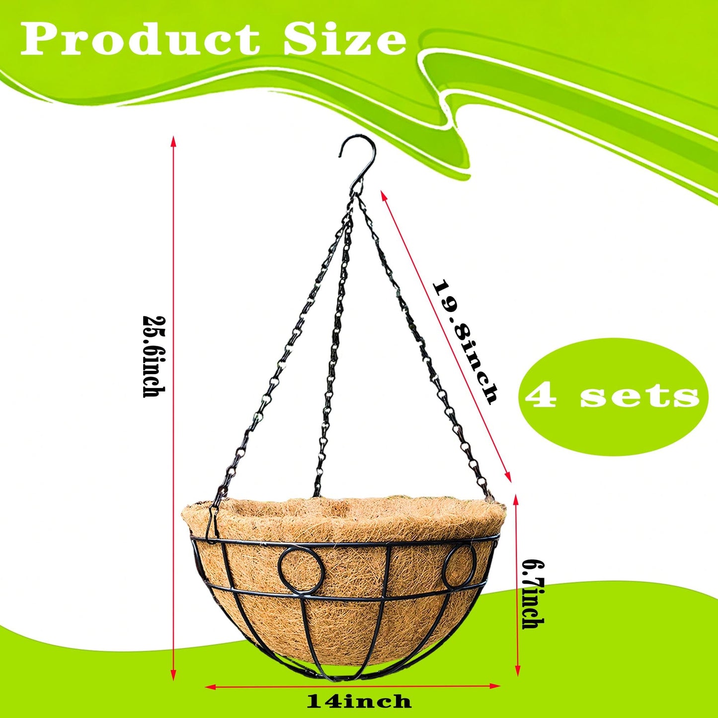 JFFLYIT 4 Pack 14" Round Metal Hanging Basket for Outdoor Plants Durable Large Hanging Planter with Coco Coir Round Plant Holders Planter for Outside Garden Decoration (Circular)