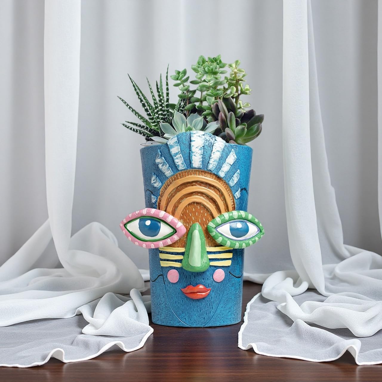 Yhupl Picasso Abstract Face Flower Pot,Plant Pot with Facial Expressions,Handmade Resin Plant Pot with Drainage Holes,for Indoor and Outdoor Botanical Home décor (Blue Large)