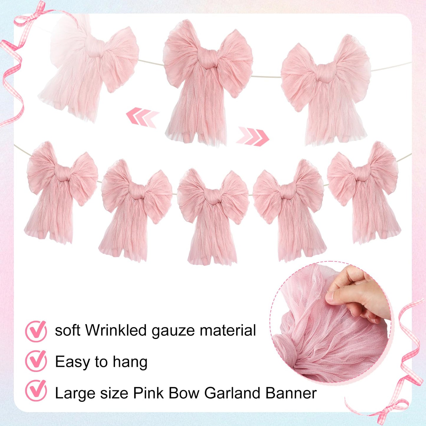 VitalCozy Pink Bow Garland Banner for Coquette Birthday Pink Bow Party Hanging Swirls Decorations for Baby Shower Bridal Shower Bachelorette Party Decor
