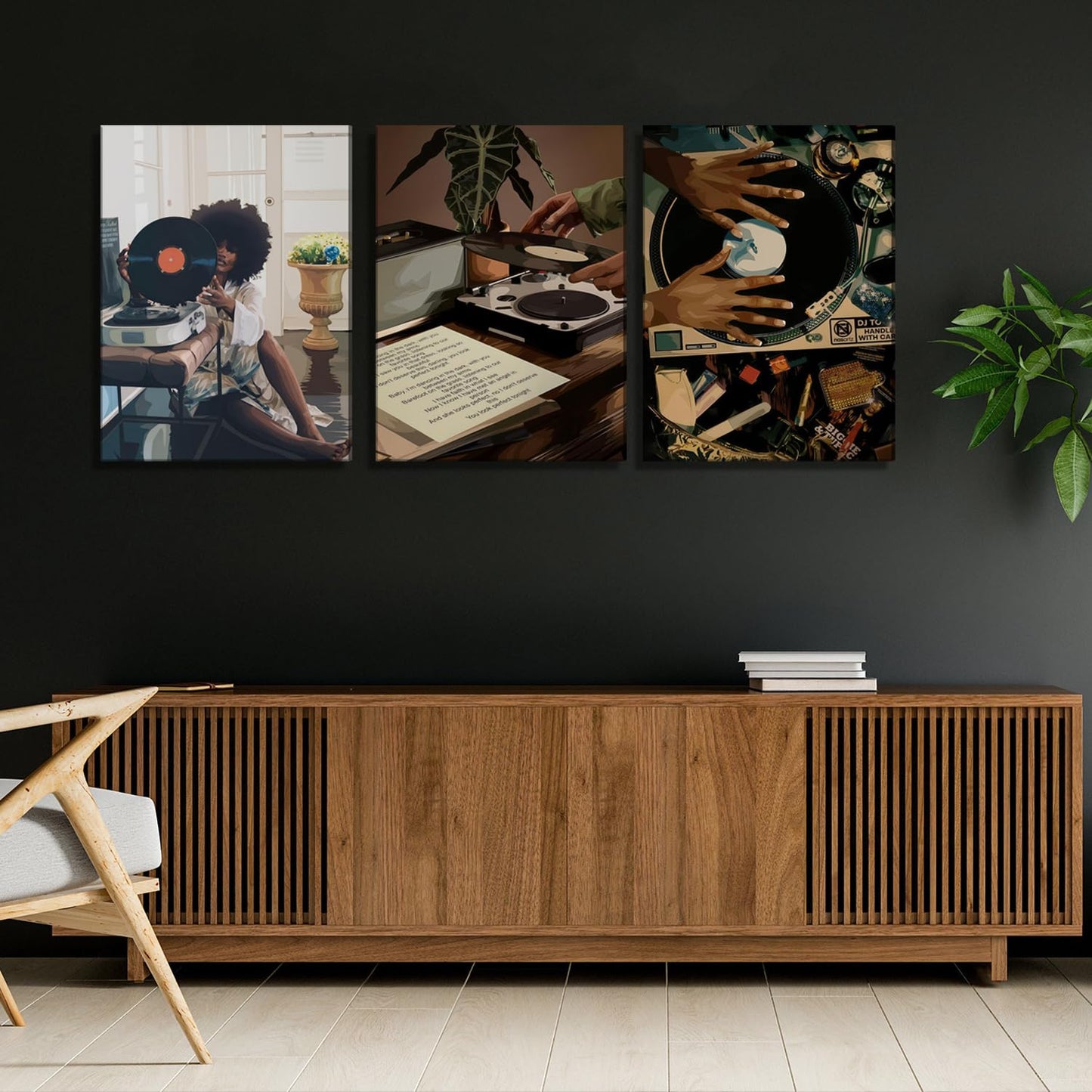 YFvrPt Black Girl Wall Art Decor Modern Black Woman Painting Prints, Set of 3 African American Music Record Player Poster Canvas Artwork for Bedroom Living Room 12x16 inch Framed