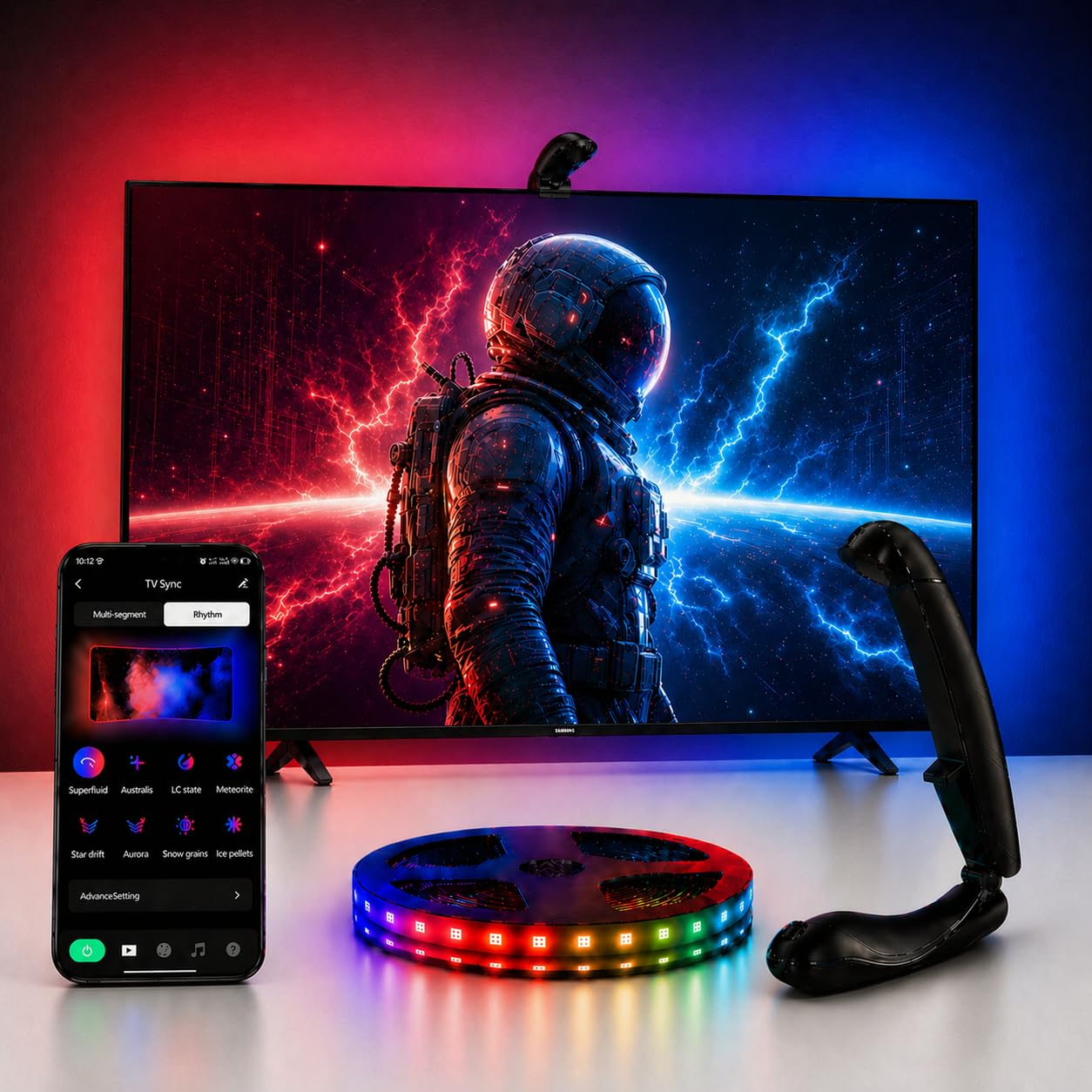 QTU TV LED Backlight with Sensor, LED Sync Lights for TV 55-65 Inch, Smart Camera Sync to Screen, Ambient RGB Strip Lights for Gaming & Home Theater, App Control (14.7ft)