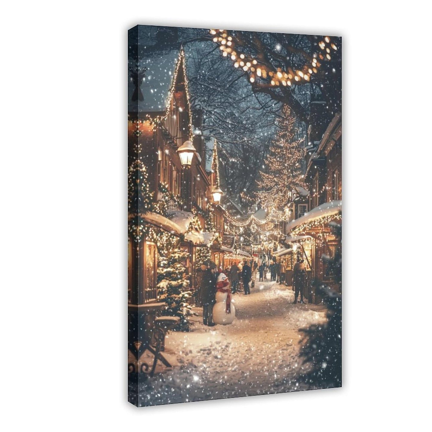 Festive Winter Town Wall Art – Snow Covered Village, Holiday Lights And People Poster Print for Teen Boys Room Wall Art Canvas Painting Print 12x18inch(30x45cm)