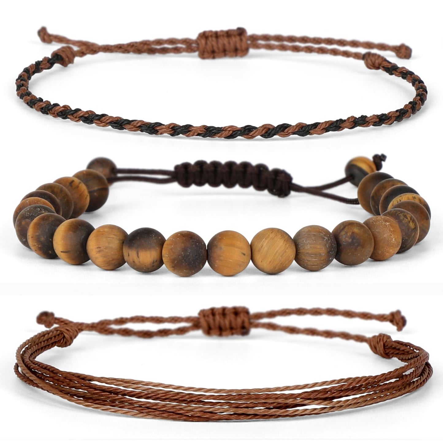 QOGIR Handmade Healing Bracelets,8mm Natural Matte Yellow Tiger Eye Gem Stone Beads Bracelet, for Men Women Gifts with 2PCS Size Adjustable Rope Bracelets