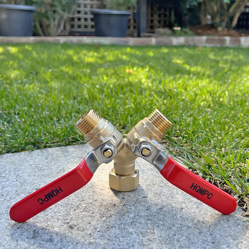 HQMPC Garden Hose Y Valve Splitter With Stainless Steel Long Handle - Brass 2 Way Water Adapter, 3/4" GHT Thread