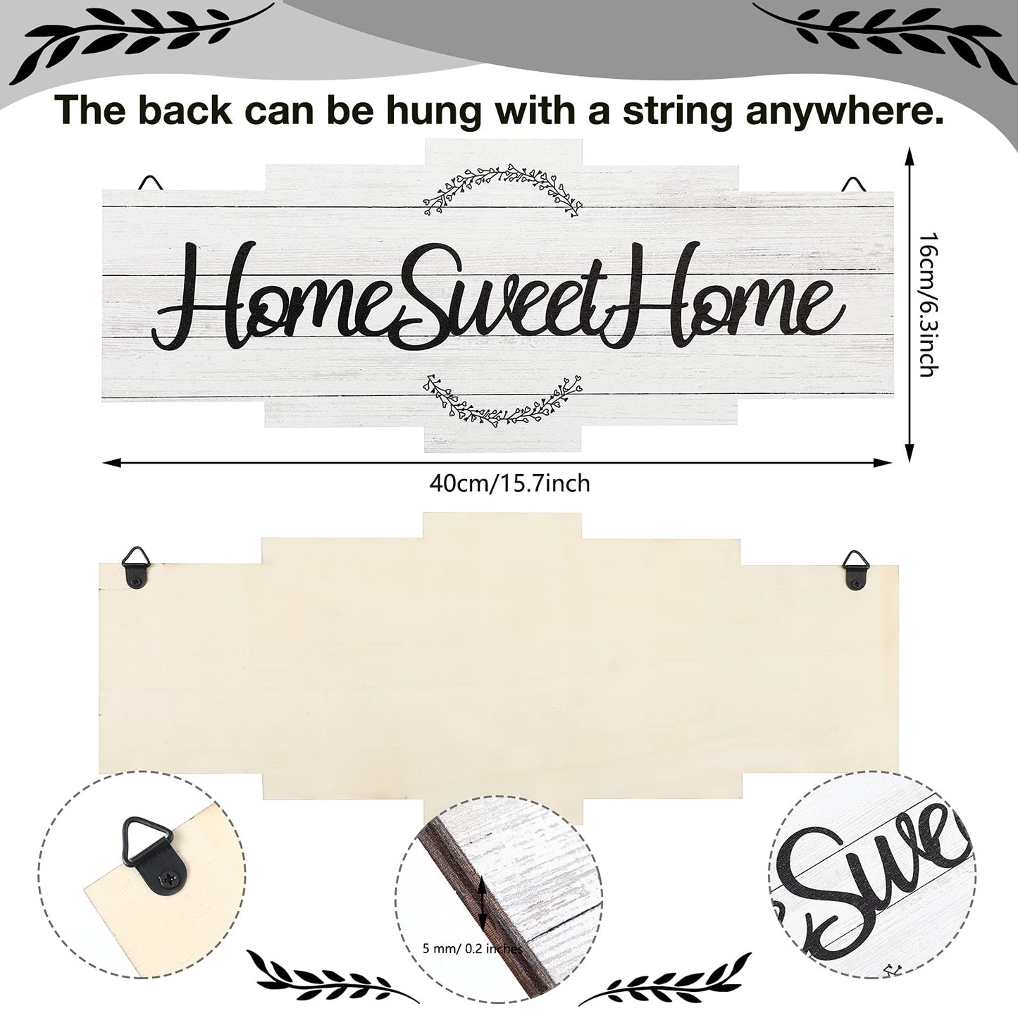 Jetec Home Sweet Home Sign, Rustic Wood Room Wall Decor, Farmhouse Plaque Wall Hanging Wooden Sign for Bedroom, Living Room, Wedding Decor(White)