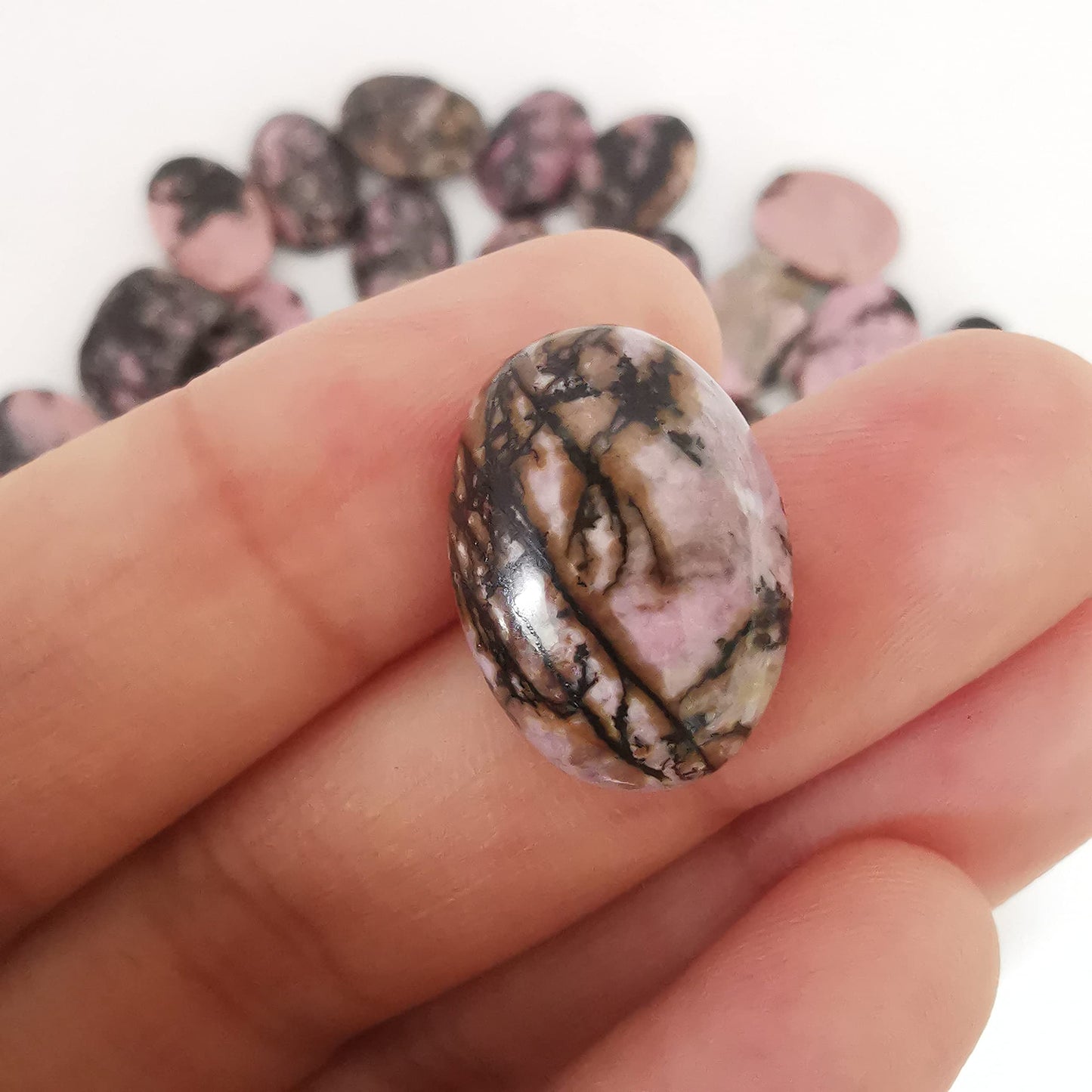 Loveliome 18x13mm Oval Cabochons Flatback Crystal Stone Gemstones Beads for Jewelry Making DIY Pack of 10, Rhodonite