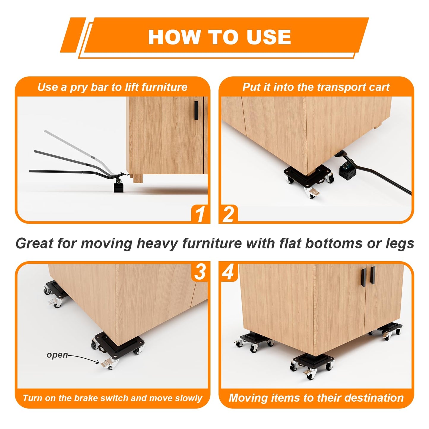 Furniture Dolly 5 Wheels Heavy Duty with Removable Side Guards,3307 Lbs Capacity,360° Rotating Wheels & Tail Brake,Furniture Movers Lifter Tool for Sofas,Beds, Appliances,–Stable,Safe,and Easy to Use