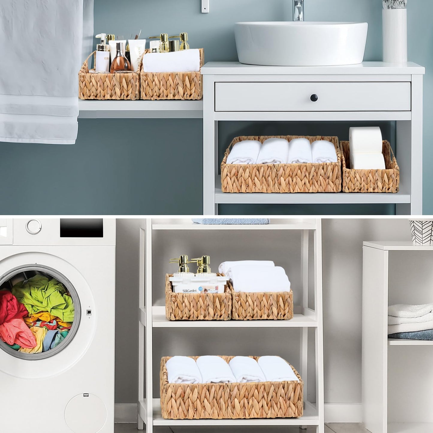 Ollieroo Rattan Storage Baskets, Handwoven Wicker Storage Bins with Built-in Handles, Storage Container Baskets for Shelves, Bedroom, Bathroom, Laundry Room or Kitchen(Natural)