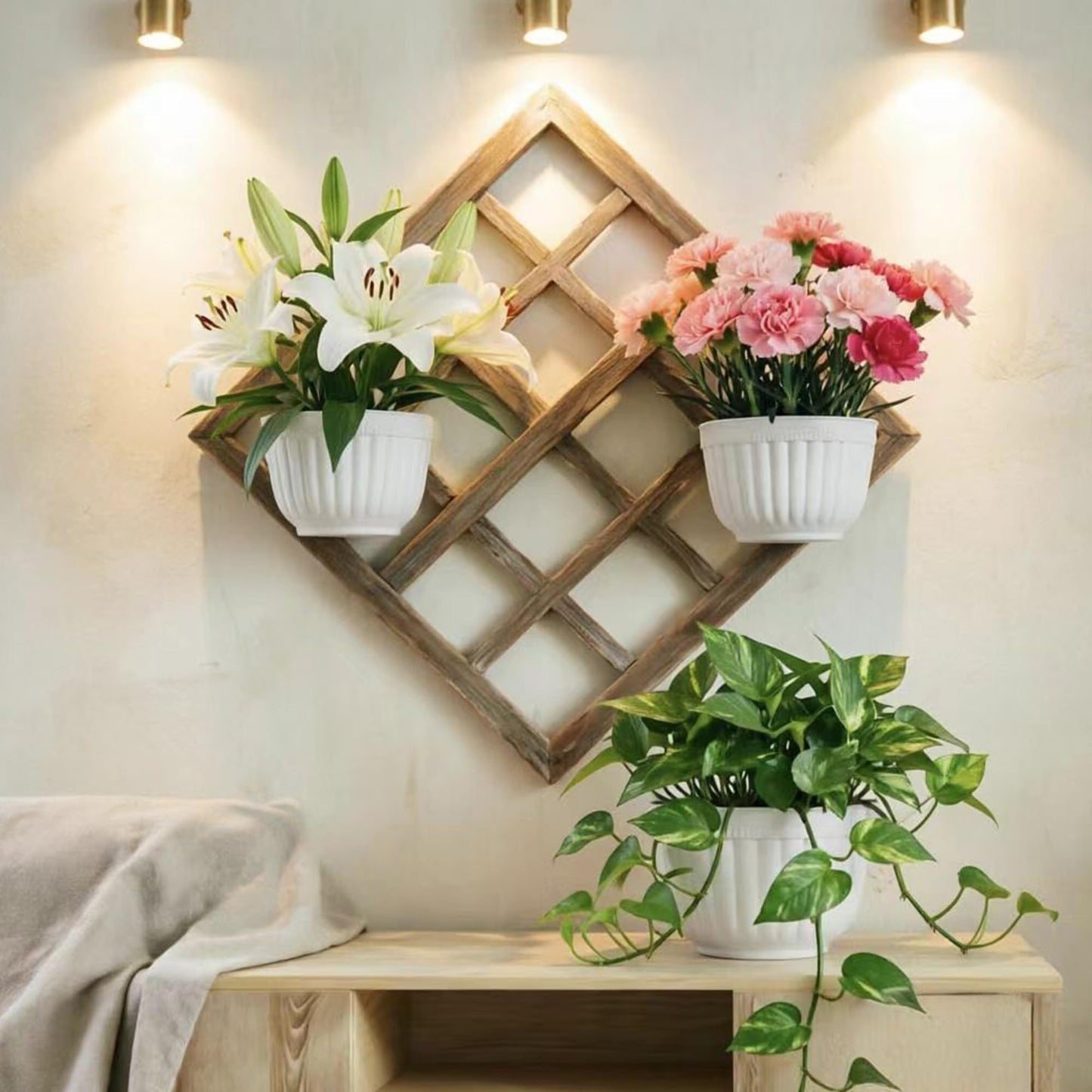 2 Pack White Plastic Wall Hanging Planters for Indoor Plants Wall Hanging Plant Holder with Drainage Hole Balcony Planters Railing Hanging Pot Fence Vertical Living Wall Mount Decor with Hooks