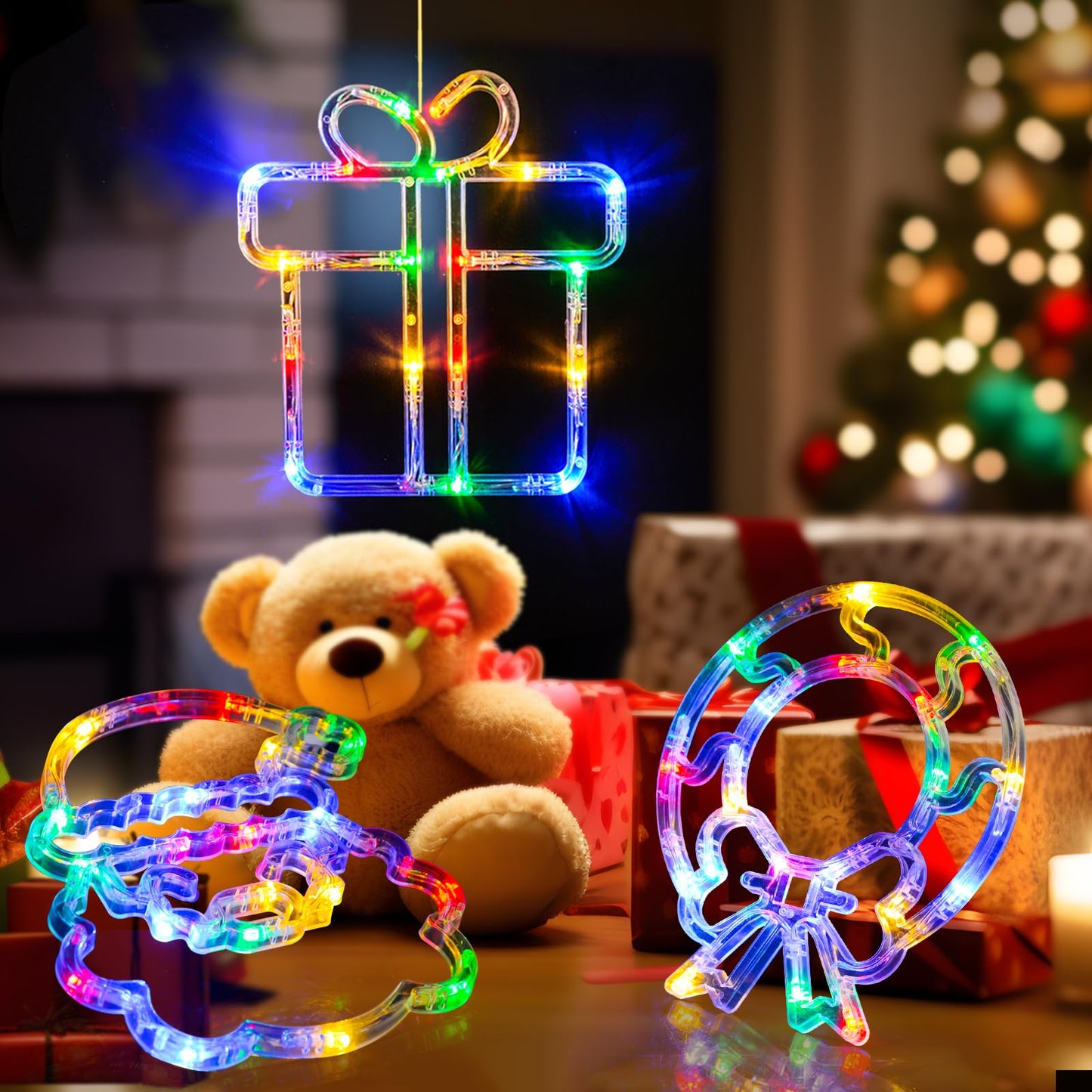 LOLStar Christmas Window Decorations 3 Pack Wreath Gift Box Santa Claus Christmas Window Lights with Suction Cups, Battery Operated Xmas Lights Decors, 2025 Upgrade Slow Fade Mode and Timer Function