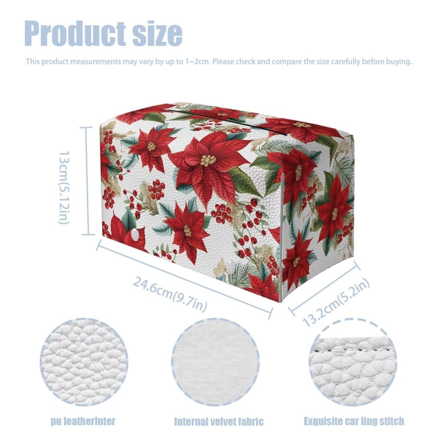 Viewamoon Christmas Floral Tissue Box Cover Rectangle Leather Soft Fabric Paper Holder Box Easy to Install 9x5x5 Cube Cover for Bathroom Deocration