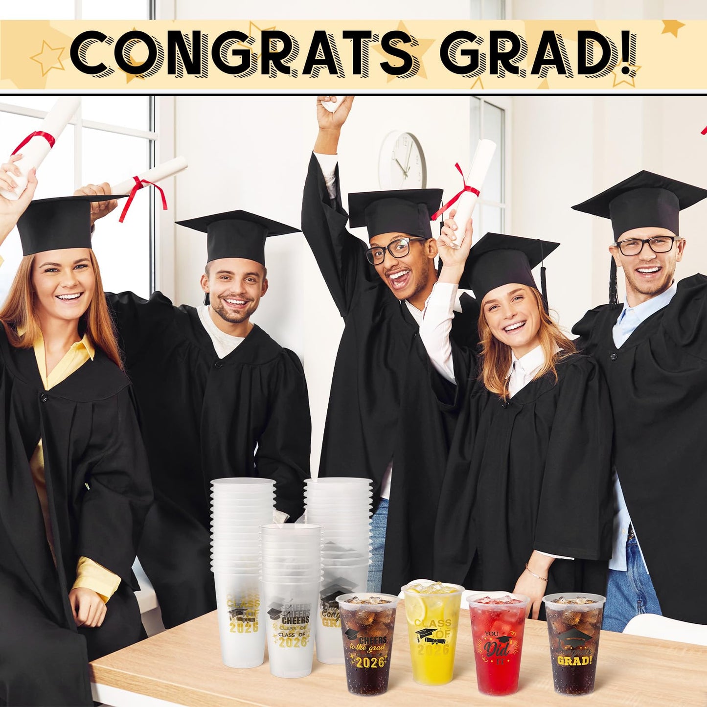 Yungyan 100 Pcs Frosted Graduation Cups 2026 Frosted Plastic Cups 16 oz Disposable Graduation Party Favors Congrats Grad Tableware Decoration for School Supplies