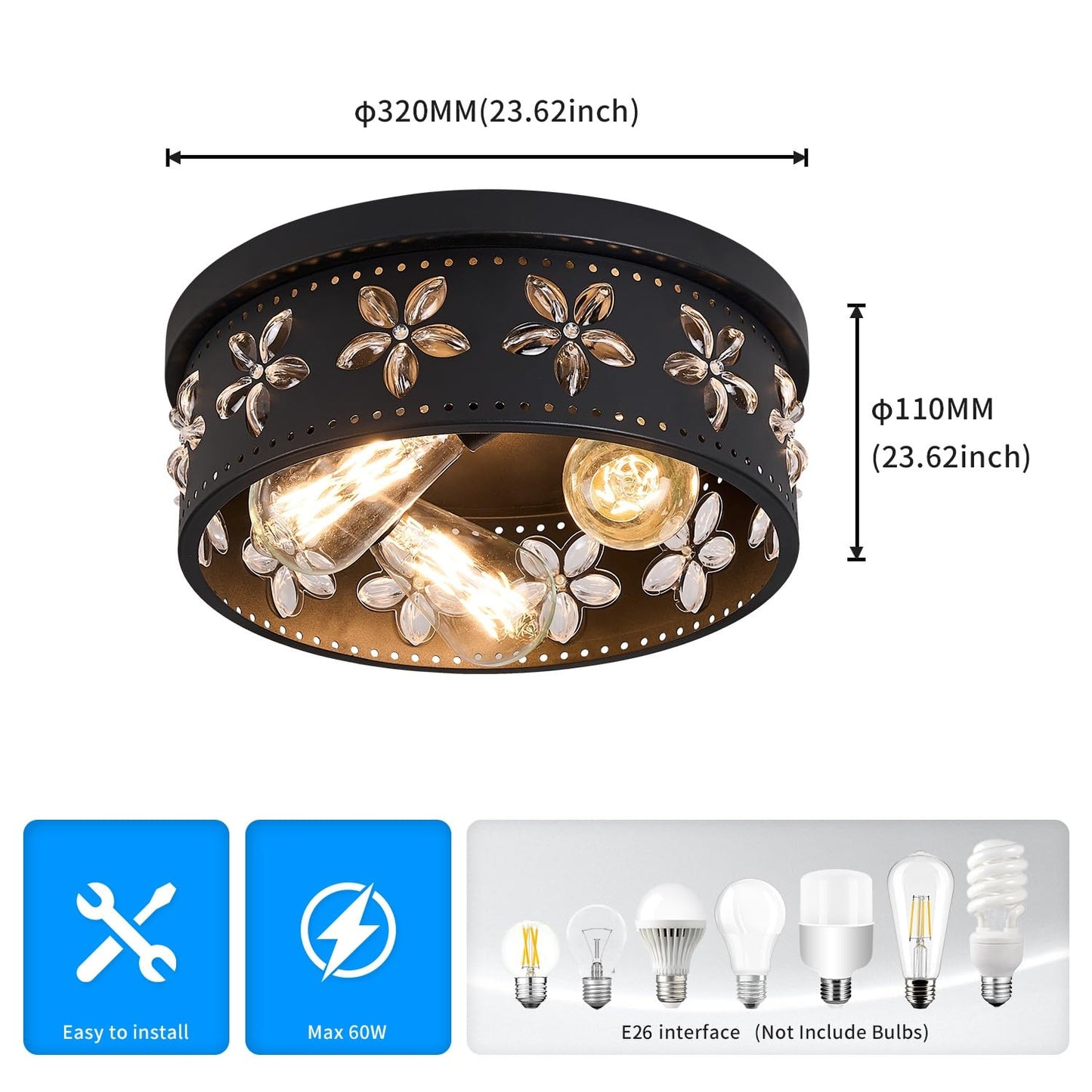 Glintawn 12.6 inch Black Flush Mount Ceiling Light Fixtures, 3-Light Ceiling Mount for Industrial, Crystal Light Fixtures for Farmhouse, Bedroom, Living Room, Kitchen, Hallway and Foyer (1 Pack)