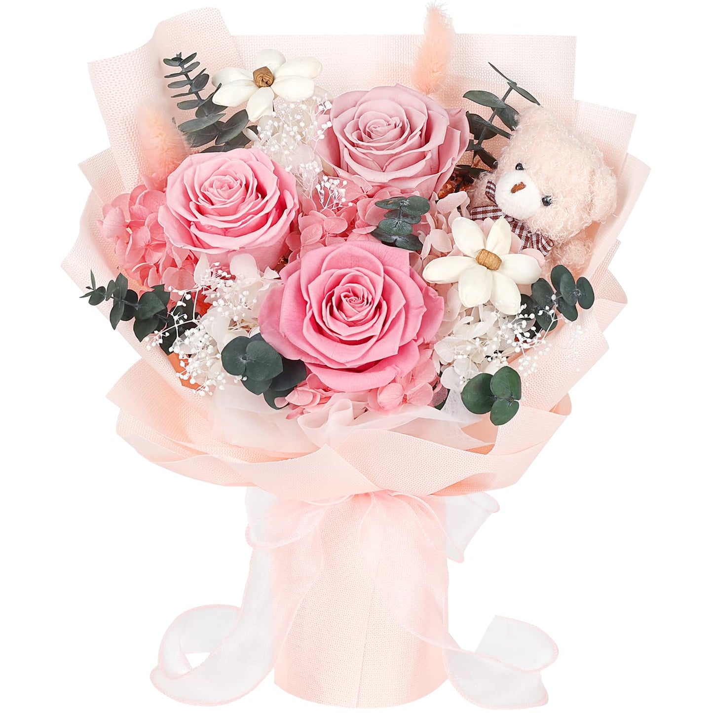 Preserved Flowers Bouquet with Bear, 3 Real Forever Flowers for Delivery, Long-Lasting Pink Eteranl Roses Bouquet, Mothers Day Gifts for Mom Grandma, Anniversary Birthday Gifts for Women Girlfriend