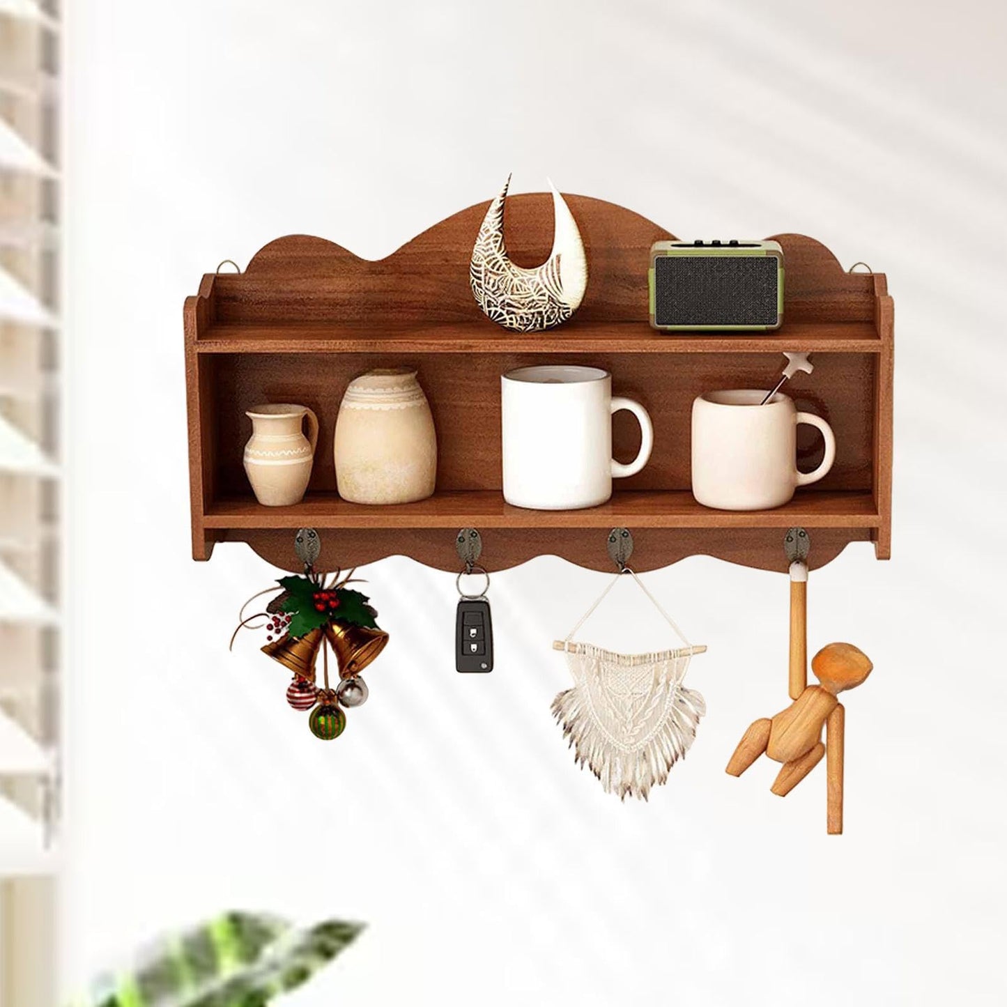 Bothyi Kitchen Shelves Key and Cup Holder Sturdy Multifunction with Hooks Antique Shelf Ornaments Display Stand for Bedroom Entryway, Brown