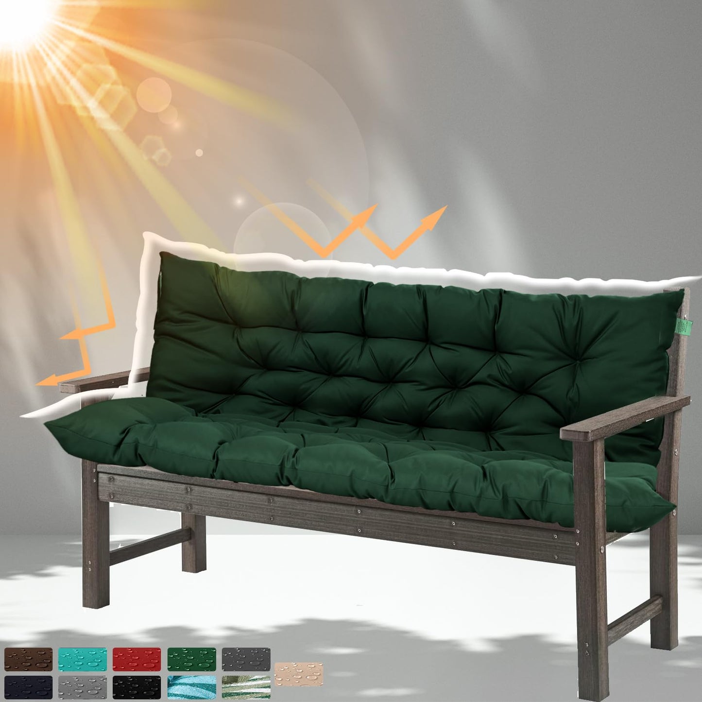 HIYEN Porch Swing Cushions 3 Seater Replacement, Waterproof Bench Cushions for Outdoor Furniture with Backrest, 4" Thickened Patio Swing Cushion with Ties (Dark Green, 60 * 40 inch)