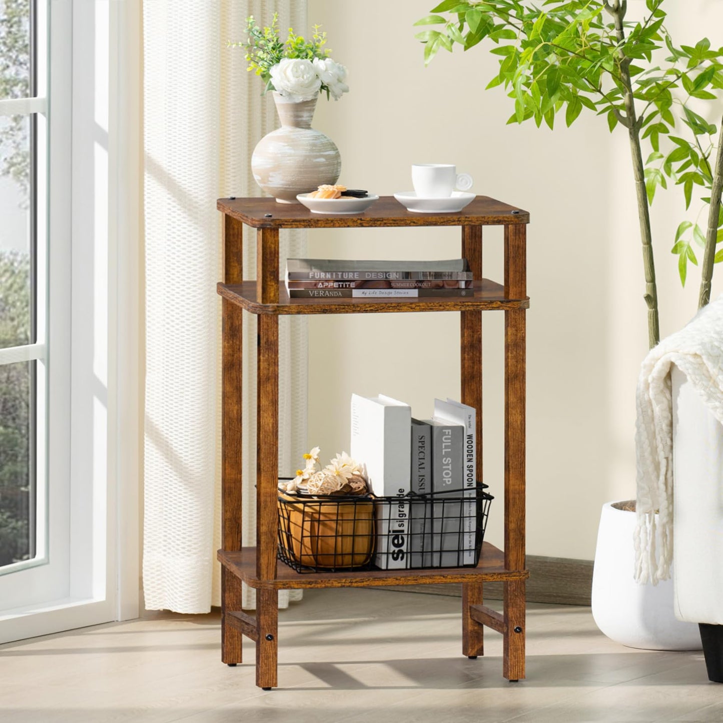 YUFAM Side Table End Table Tall Night Stand 3-Tier for Living Room Bedroom Bathroom Office Furniture Brown