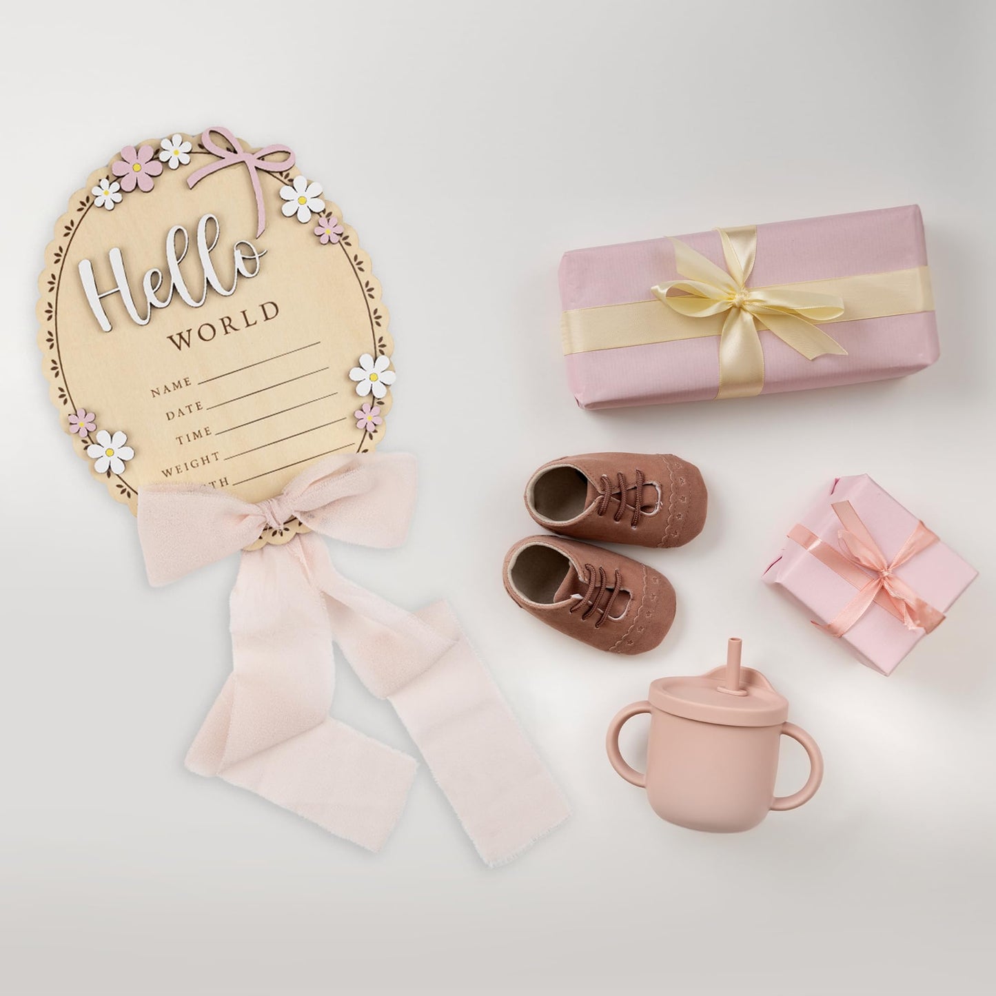 TTMerriwood Baby Announcement Sign with Stand & Marker – Hello World Wooden Name Plaque for Newborn Photoshoot, Baby Shower, Rustic Keepsake Birth Stat Sign for Hospital Birth Announcement (Light pink ribbon)