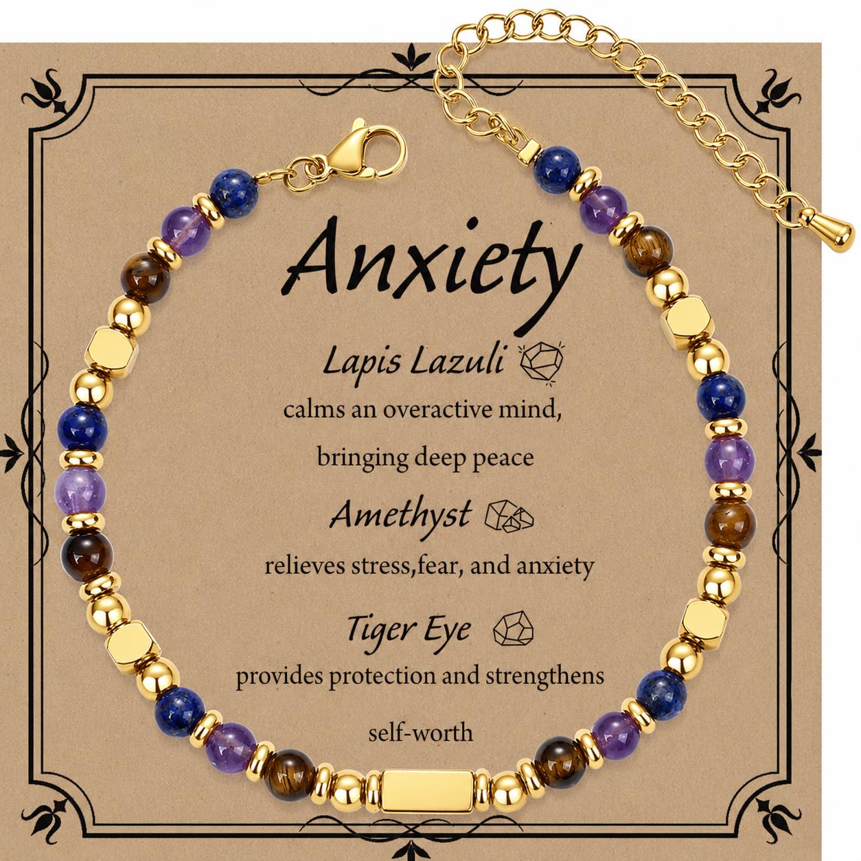 QINJIEJIE Anxiety Bracelet for Women Menopause Healing Crystals Mental Health Bracelets Amethyst Lapis Lazuli Tigers Eye Crystal Anti Anxiety Panic Attack Relief Jewelry Crystal Bracelet