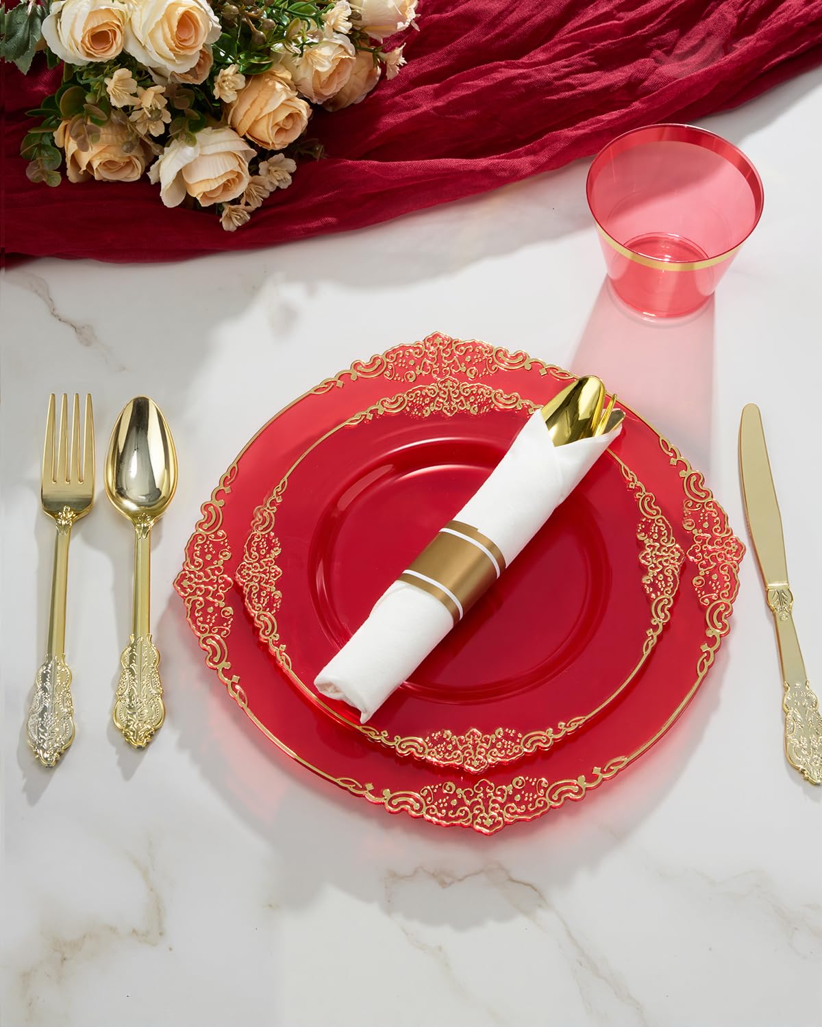 Goodluck 350 Piece Red Dinnerware Set for 50 Guests, Fancy Disposable Plates, Include: 100 Gold Rim Plastic Plates, 150 Silverwares, 50 Pre Rolled Napkins, 50 Cups for Party, Wedding