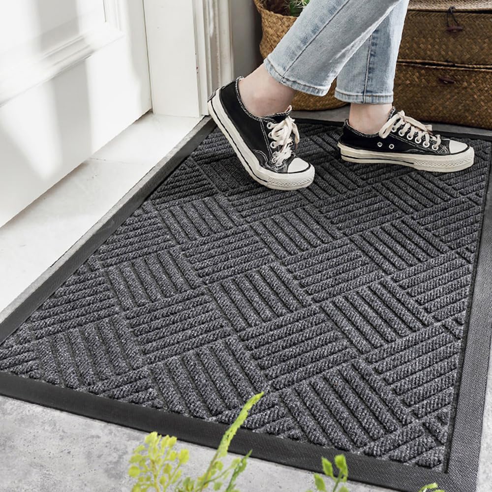 MATZEN Diamond Door Mat Indoor Outdoor Rug Floor, Front Entrance Entryway, Heavy Duty Low Profile Rubber Waterproof Garage Patio Porch Weatherproof, Non Slip Absorbent Dirt Trapping, 17x29, Red