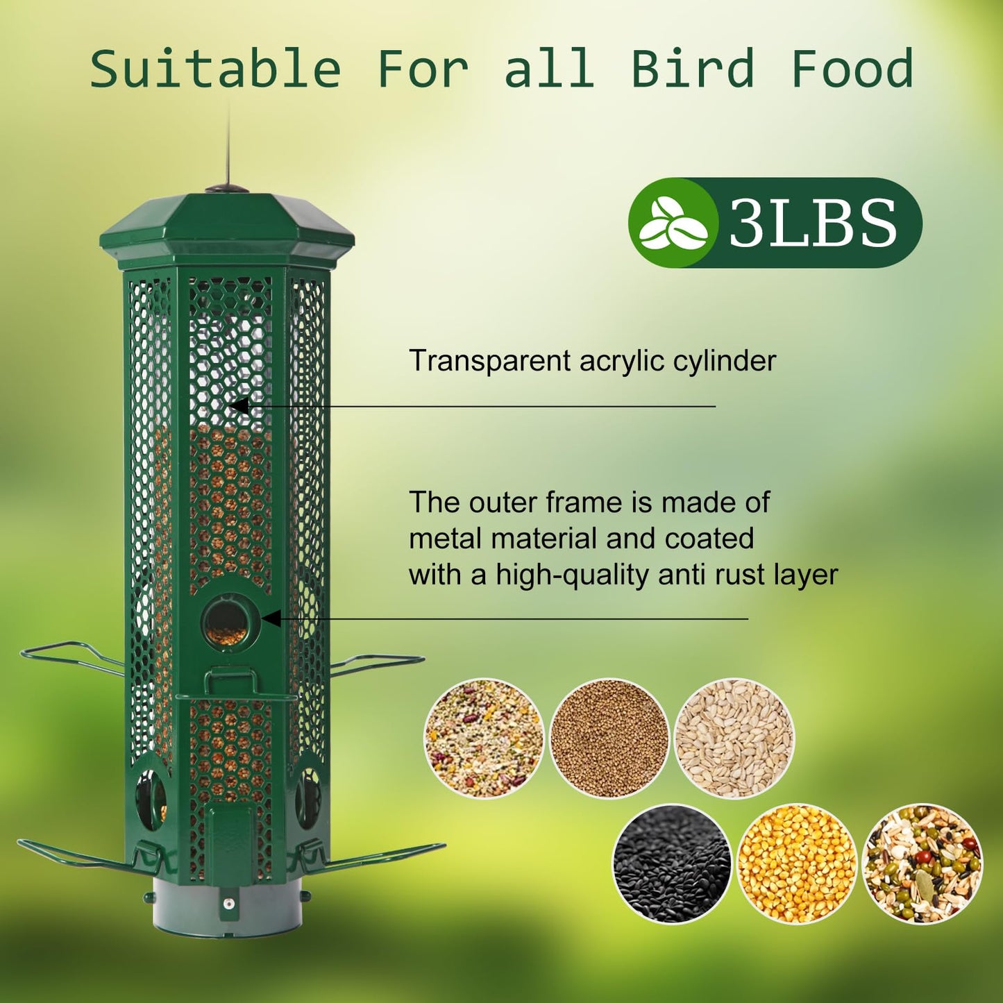 Squirrel Proof Bird Feeders with Removable Base, Metal Wild Bird Feeder for Outdoors Hanging, 6 Weight-Activated Ports Perches, 3LB Seed Capacity(Green)