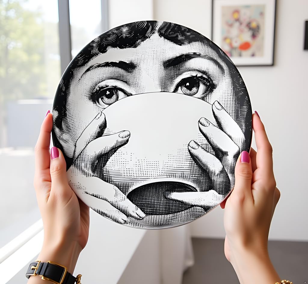 AlphaDesignLuxe 10" Italian-Style Decorative Plate – Modern Art Face Design, Handcrafted Ceramic Platter for Tabletop or Wall Display (Tea Cup)