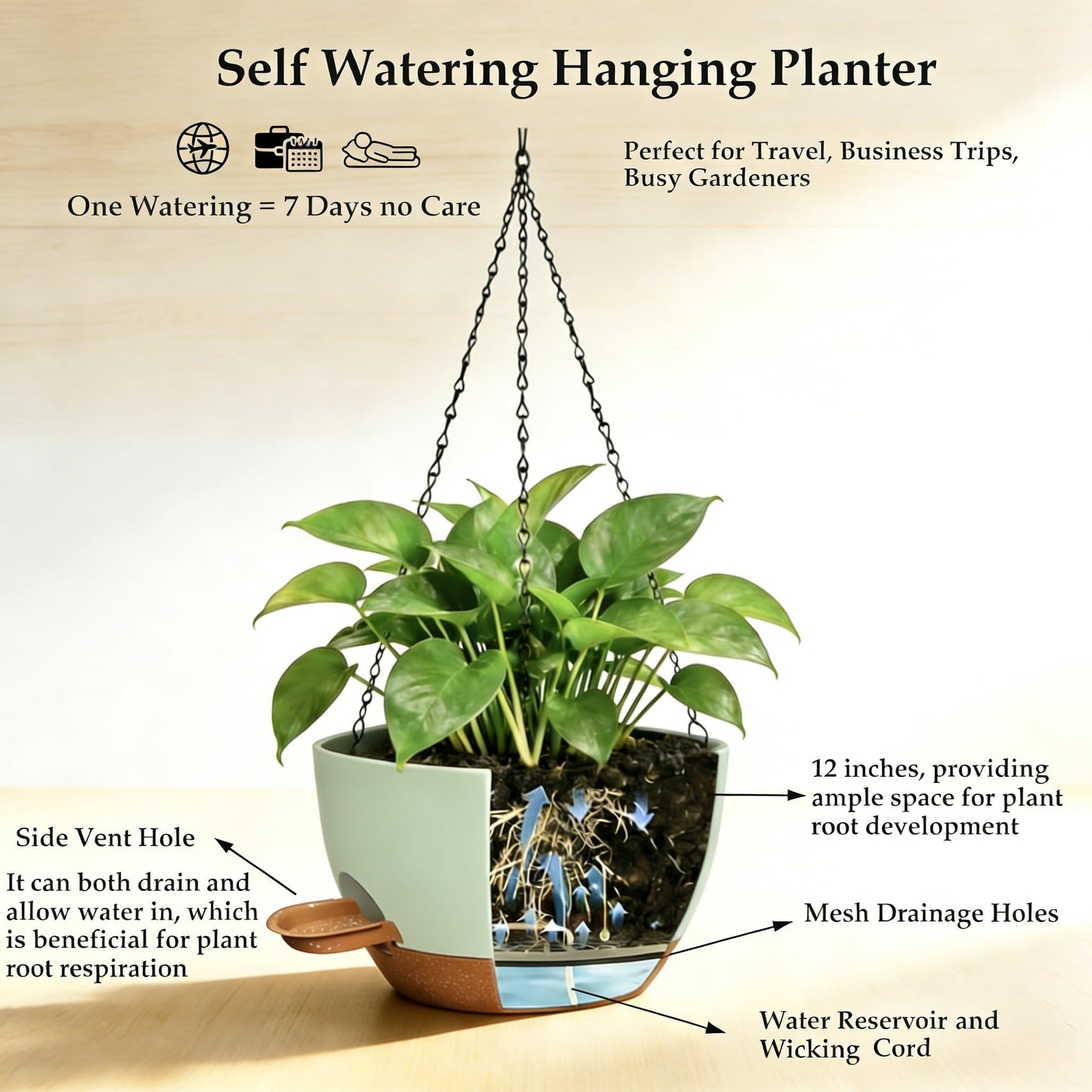 CNLBO 12 Inch Self Watering Hanging Planters 2 Pack, Indoor Outdoor Hanging Pots for Plants with Drainage Holes & Saucers, Green Brown Plastic Hanging Baskets for Kitchen Balcony Garden