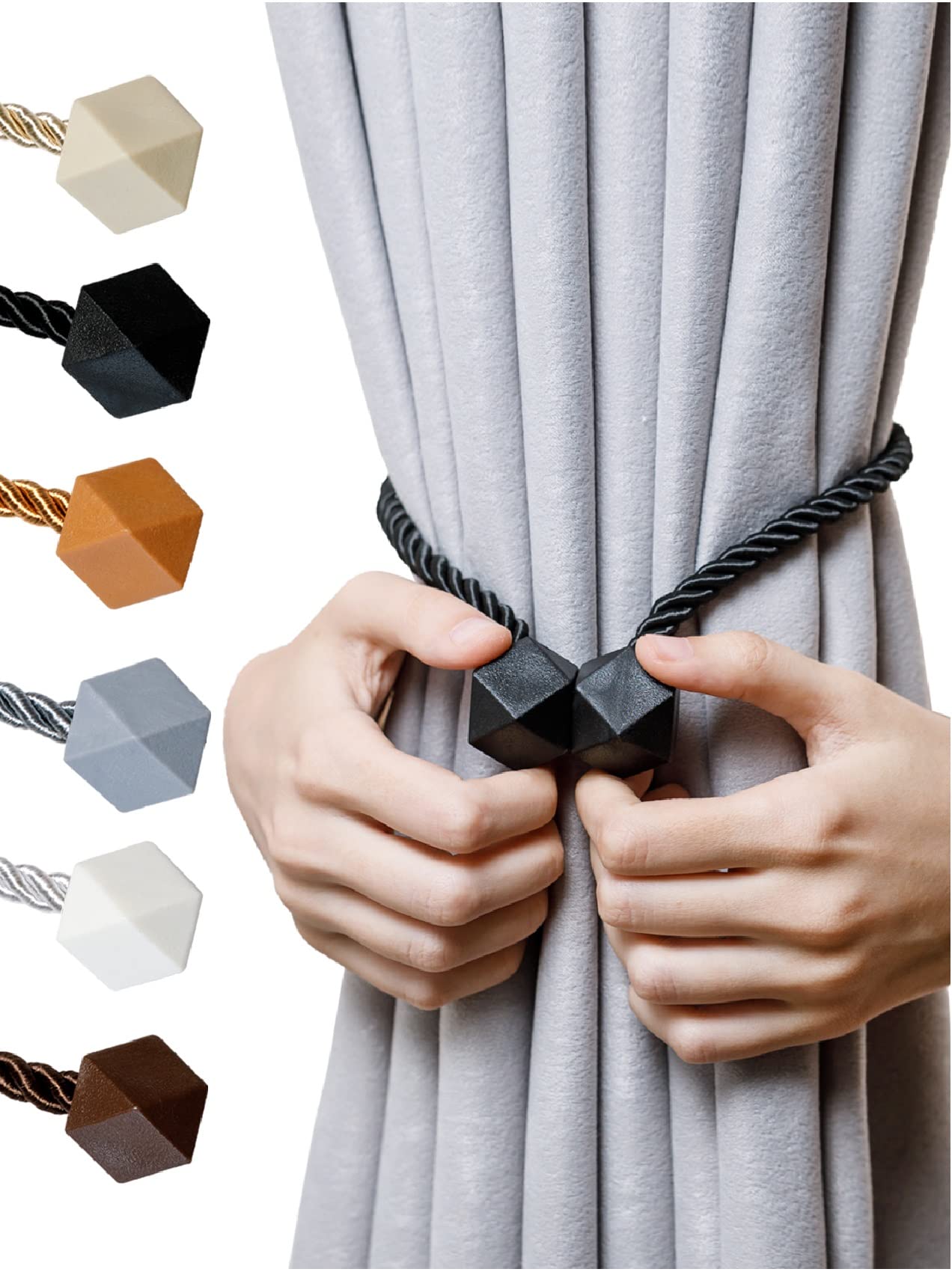 NazTur Magnetic Curtain Tiebacks- Upgrade 2022 with a Thicker Twist Rope & Strong Magnet Tieback Window Treatment Holdbacks Draperies Holders Decorative Drape Handmade Tie Back (Black, 2)