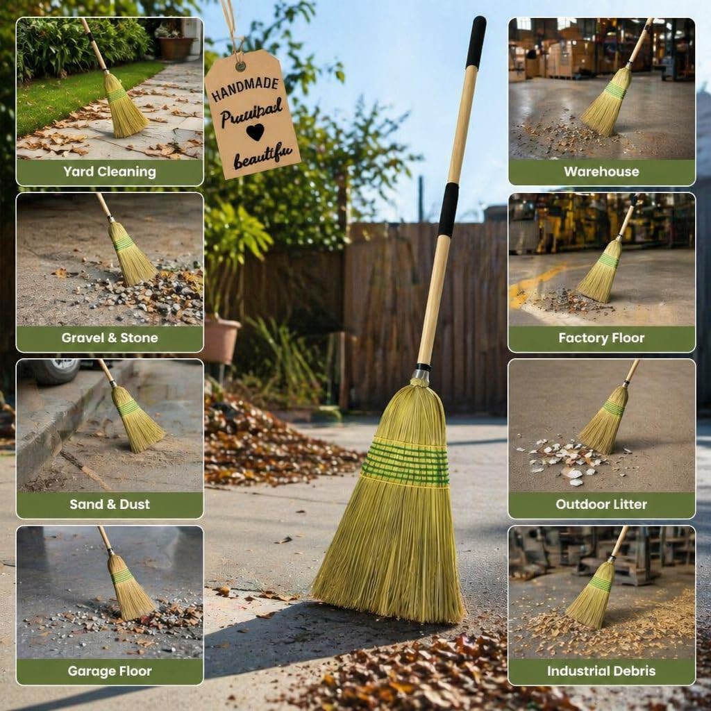 Straw Broom,Handmade Corn Broom Made from Natural Corn stalks, Outdoor Broom Equipped Wooden Handle. Natural Broom Reinforced