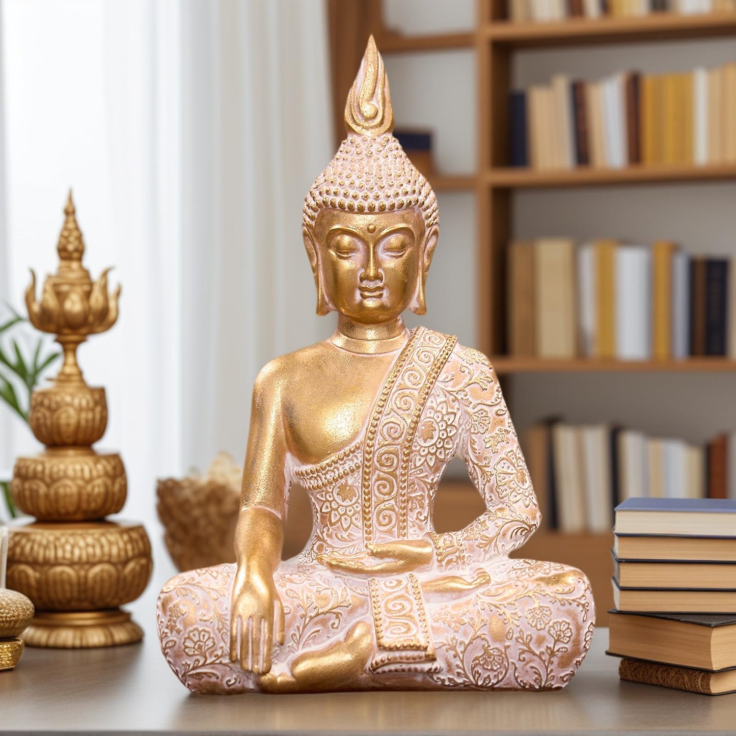 Swaite Golden Resin Buddha Statue7.87 Inch Serene Spiritual Art Piece, for Office Altar Collection to Enhance Focus & Mindfulness