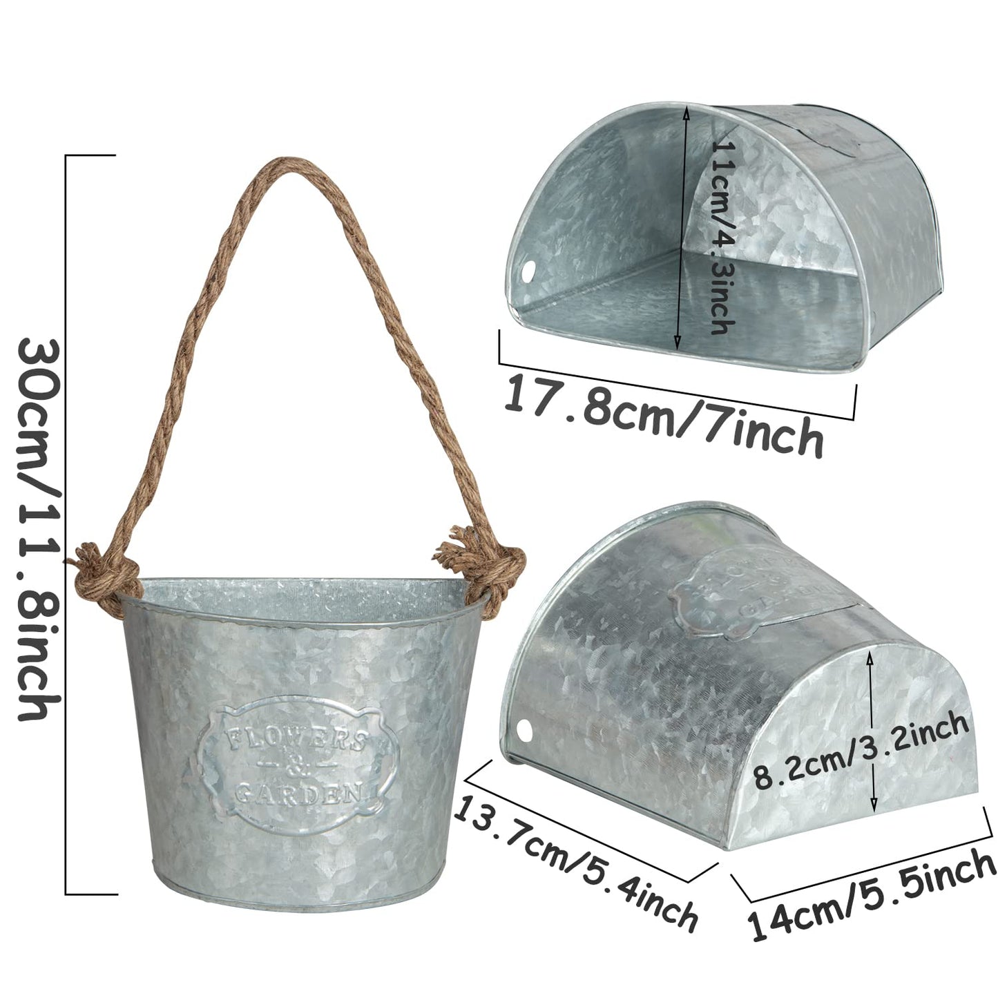 XONOR 4Pcs Galvanized Metal Hanging Wall Planter, Rustic Wall Flower Vase for Succulents Herbs Country Home Farmhouse Wall Decoration (1)
