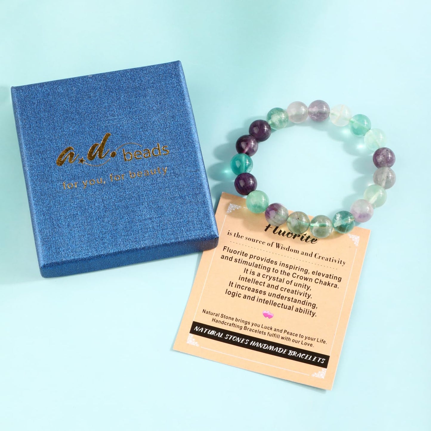 AD Beads 8mm Handmade Fluorite Elastic Bracelet – Natural Gemstone for Is the source of Wisdom and Creativity – Meditation, Yoga, Healing and Energy Gift for Men Women