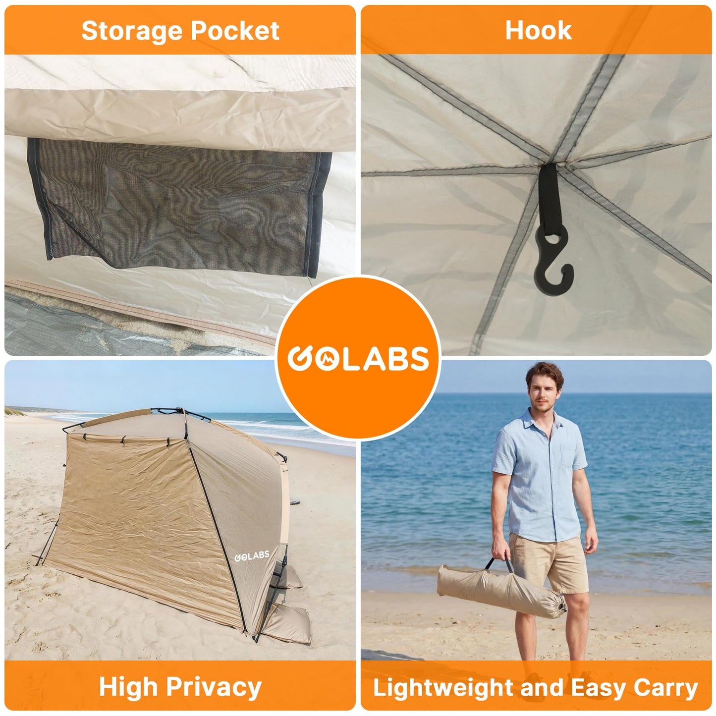 Golabs BT1 Pop up Beach Tent Sun Shelter for 3-Person, 1-Minute Setup by Pre-Attached Pole & UPF 50+, Beach Shade with Detachable Floor Mat, Mesh for Clear View & Airflow, only 7 lbs & Pocket and Hook