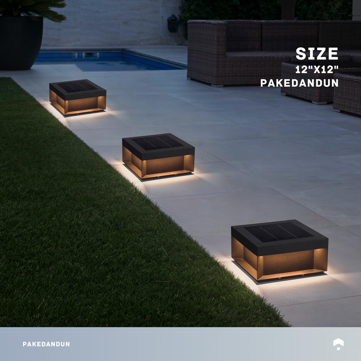 PAKEDANDUN Outdoor Solar Post Light, 11.81" Square Pillar Column Lights Solar Powered, Modern Fence Post Lamp Outside Lights Waterproof, 3000K Luxury LED Solar Lantern for Patio Gate Garden Decoration