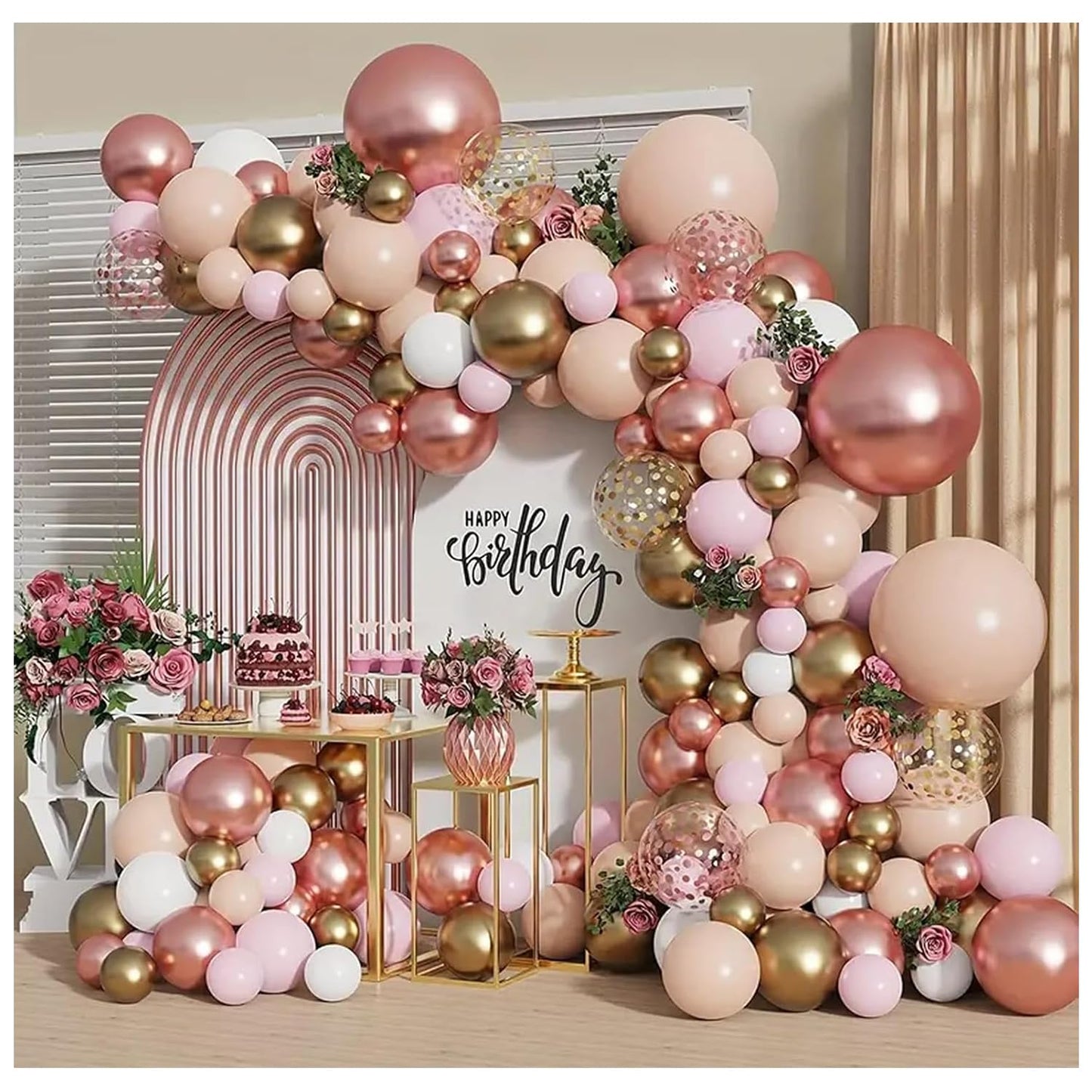 Rose Gold Balloon Garland Kit, Nude Pastel Pink Metallic Gold Matte White Balloons Gold and Rose Gold Confetti Balloons for Valentines Day Wedding Bridal Shower Party Girl Birthday Decorations