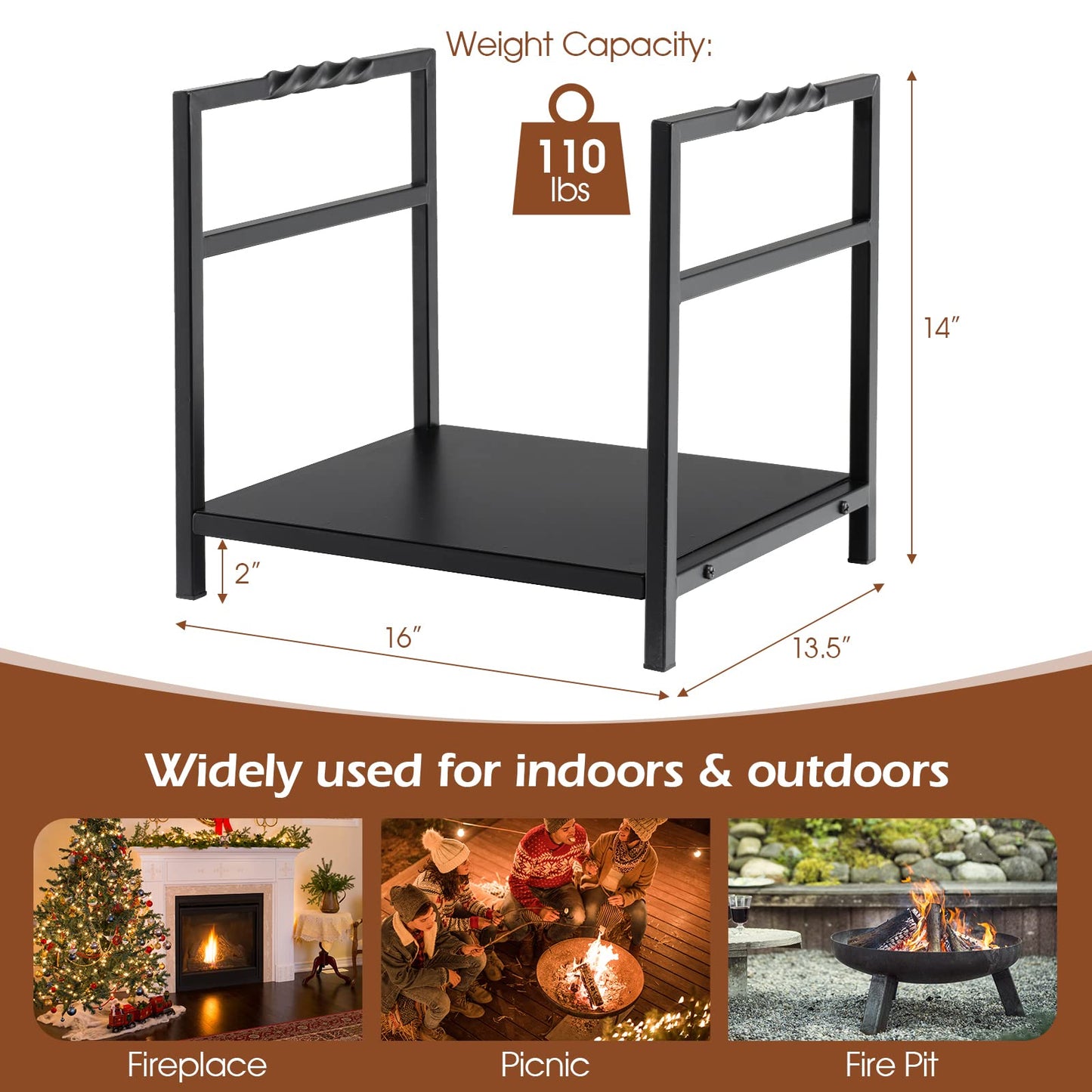 Tangkula Firewood Log Rack, Heavy Duty Firewood Holder with Unique Handle and Raised Feet, Firewood Storage Holder for Fireplace, Stove, Fire Pit, Easy Assembly, Black