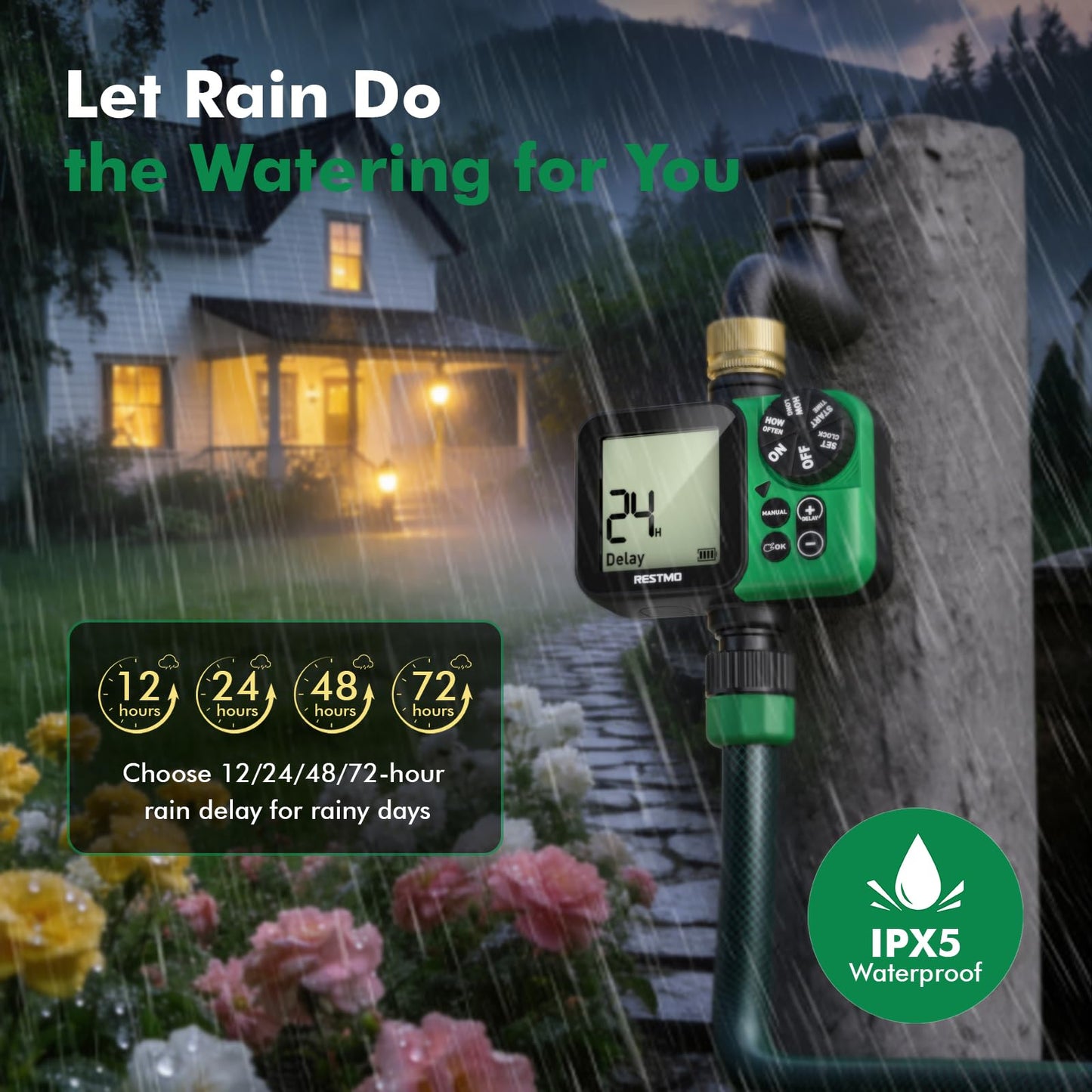 RESTMO Oversized LCD Sprinkler Timer for Outdoor Hose Faucet, Up to 11h59m Programmable Watering Timer for Soaker Hose, Filling, Misting with Brass Inlet, Rain Delay/Manual/Automatic Irrigation System