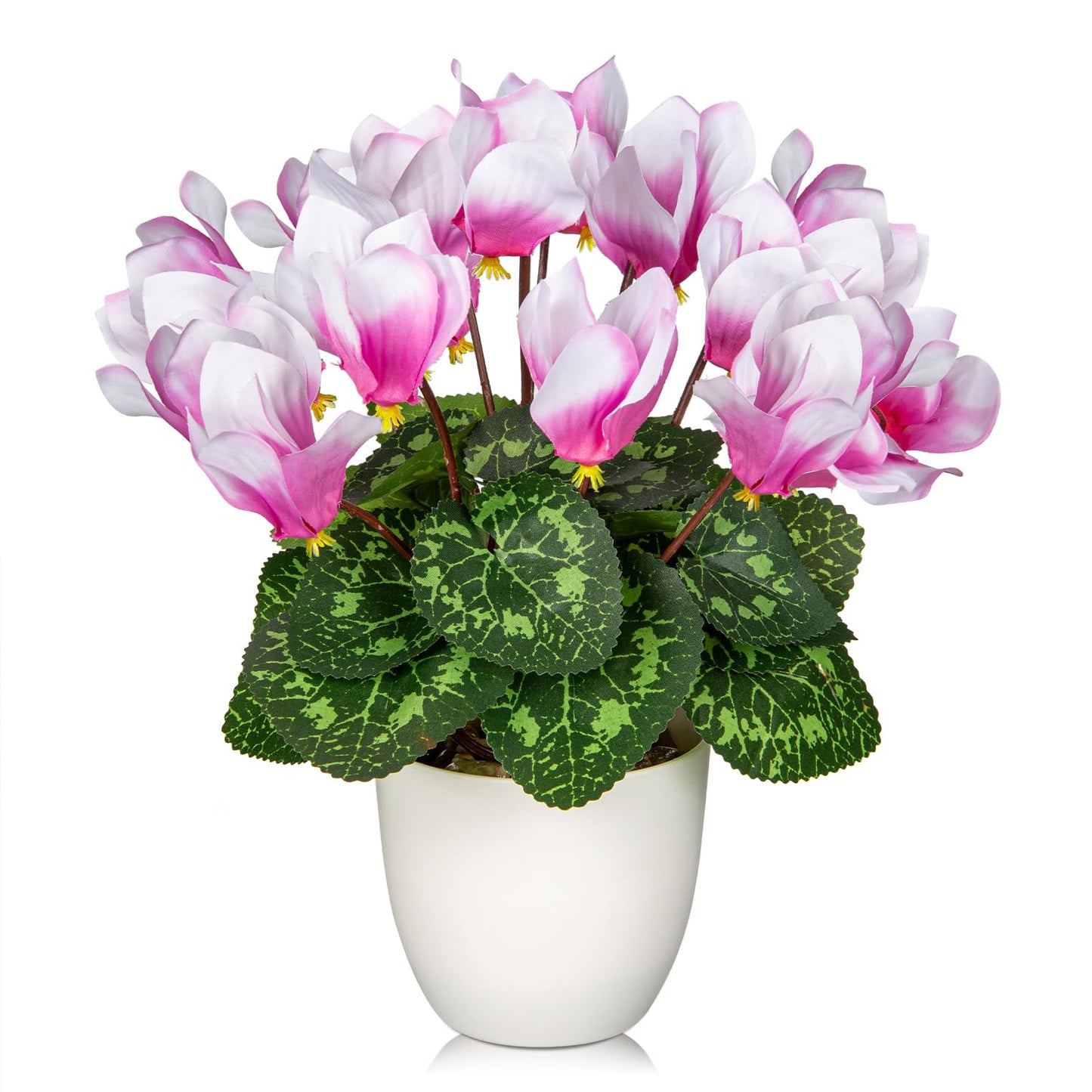 Hollyone Artificial Cyclamen Flowers Plant Potted Fake Silk Flower Plants in White Pot Faux Pink Cyclamen Flowers Arrangement Home Decor Office Bathroom Shelf Desk Decorations