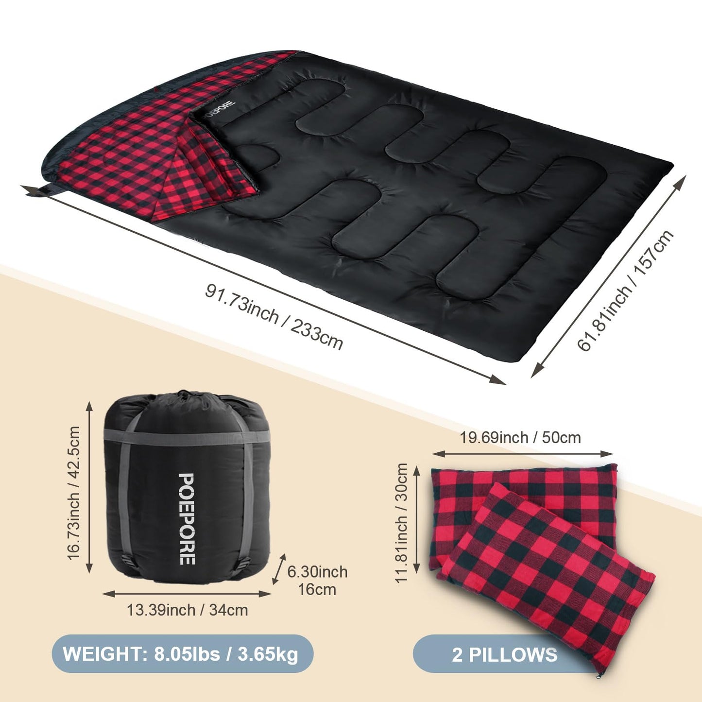 POEPORE Double Sleeping Bag Flannel for Adults with 2 Pillows 2 Person Sleeping Bags Camping XXL Queen Size Two Person Sleeping Bag for Cold Weather