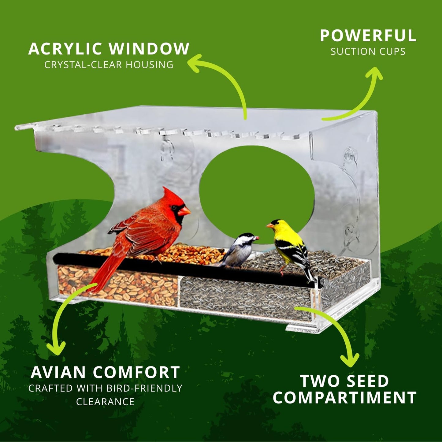 Nature Gear Acrylic Clear Window Bird Feeder with Strong Suction Cups, Removable Sliding Seed Tray, Weather-Resistant & Easy to Clean for Window Viewing, Extended