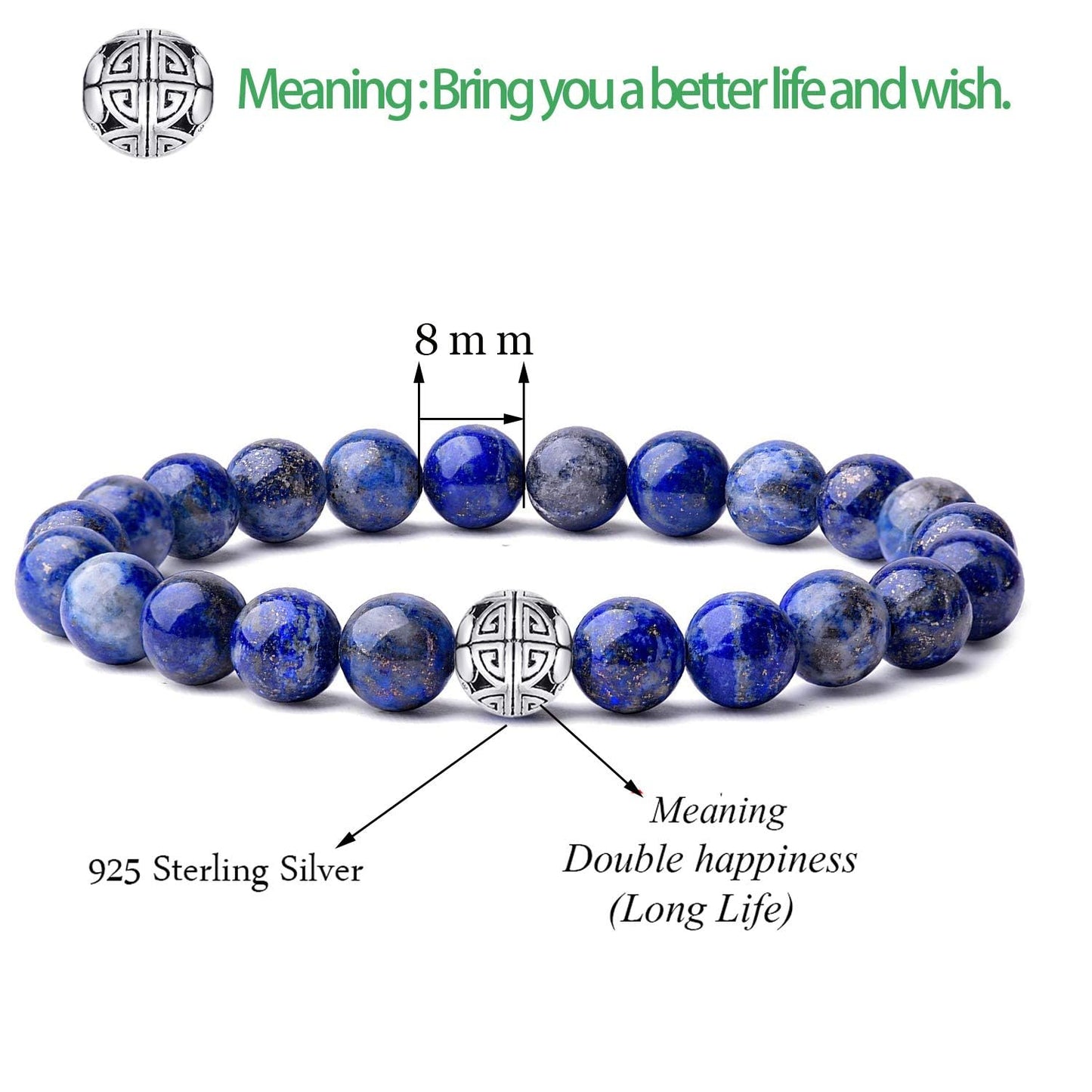 MetJakt Healing Crystals Beaded Bracelets for Womens Natural Gemstone 8mm Beads Stretch Bracelets with 925 Sterling Silver Double Happiness Pendant (Lapis Lazuli)