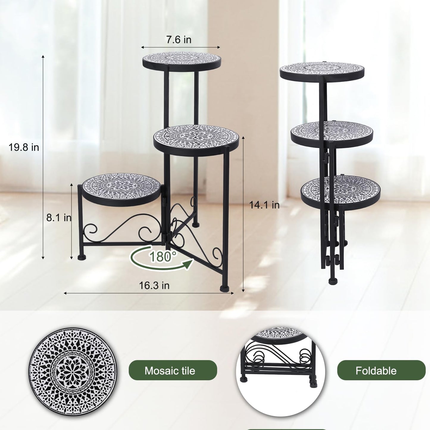 Chonsun 3 Tier Mosaic Plant Stand Foldable Corner Shelf for Indoor Outdoor Tall Plant Holder Display Rack for Patio Balcony Living Room Garden Decor