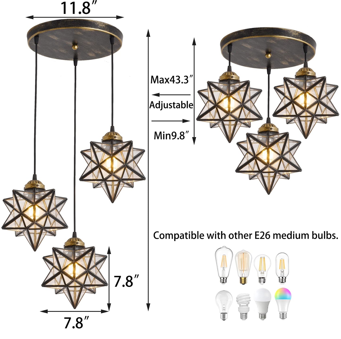 HAIXIANG Glass Glam Chandelier Star Pendants Light Fixture Modern Elegant Ceiling Hanging Lights Included LED Warm Light Bulbs Oiled Bronze