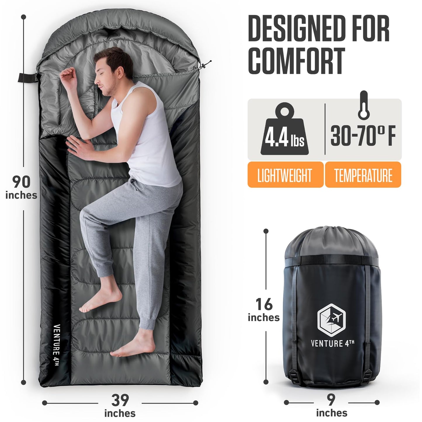 VENTURE 4TH 3-Season XXL Backpacking Sleeping Bag, Camping Sleeping Bags for Adults & Kids - Lightweight, Comfortable, Water Resistant, Ideal for Hiking, Camping & Outdoor – Silver/Black